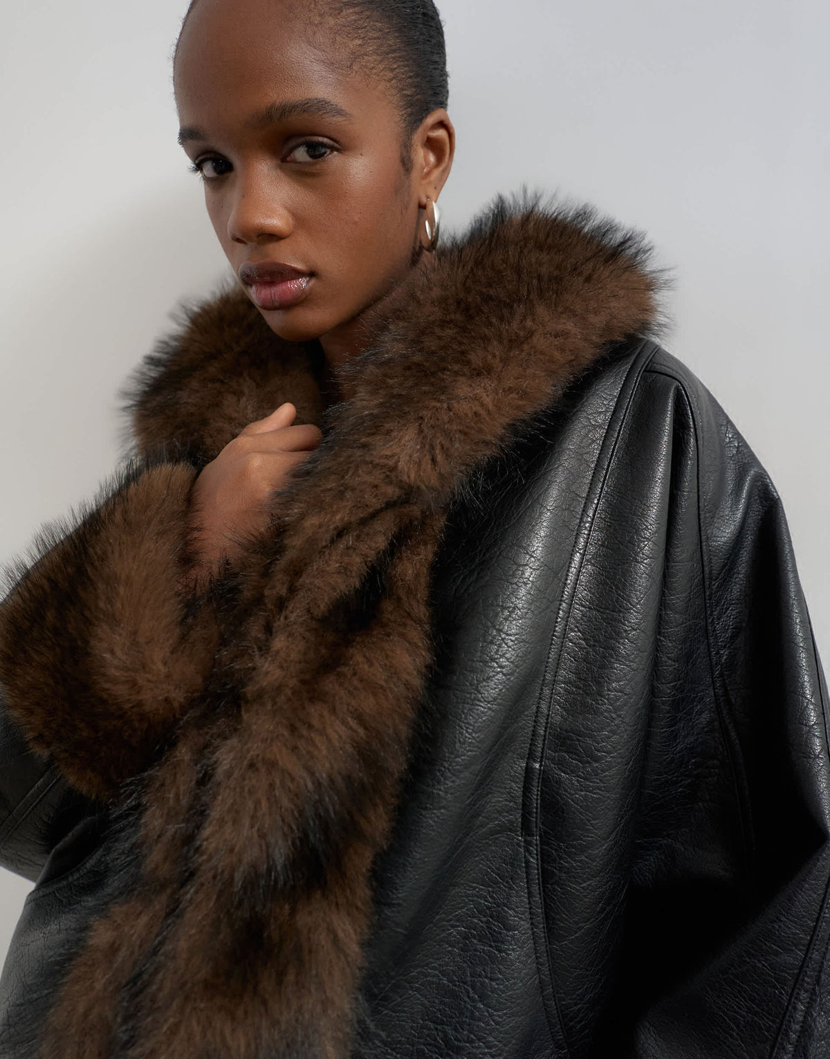 Topshop faux leather fur trim jacket in black