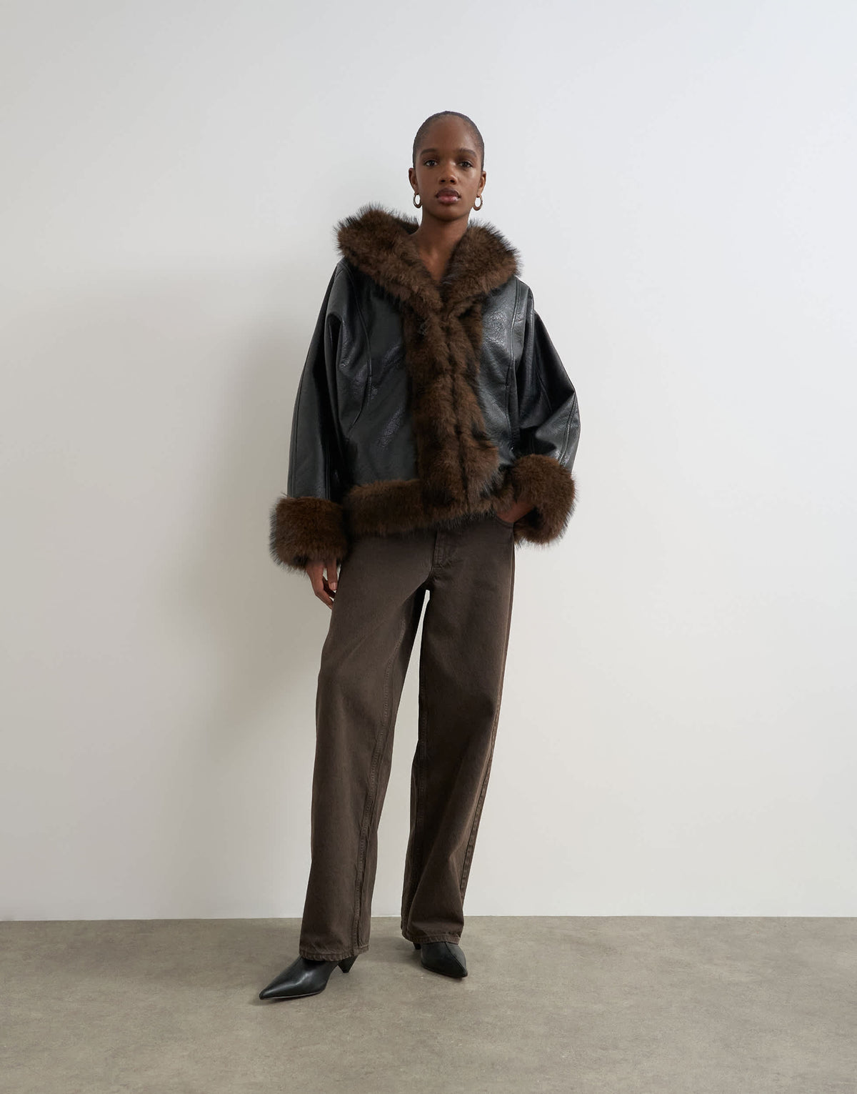 Topshop faux leather fur trim jacket in black