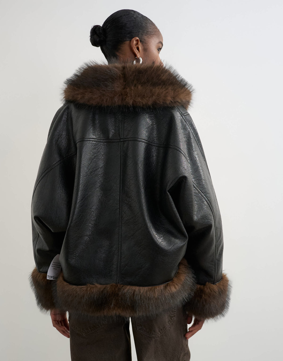 Topshop faux leather fur trim jacket in black
