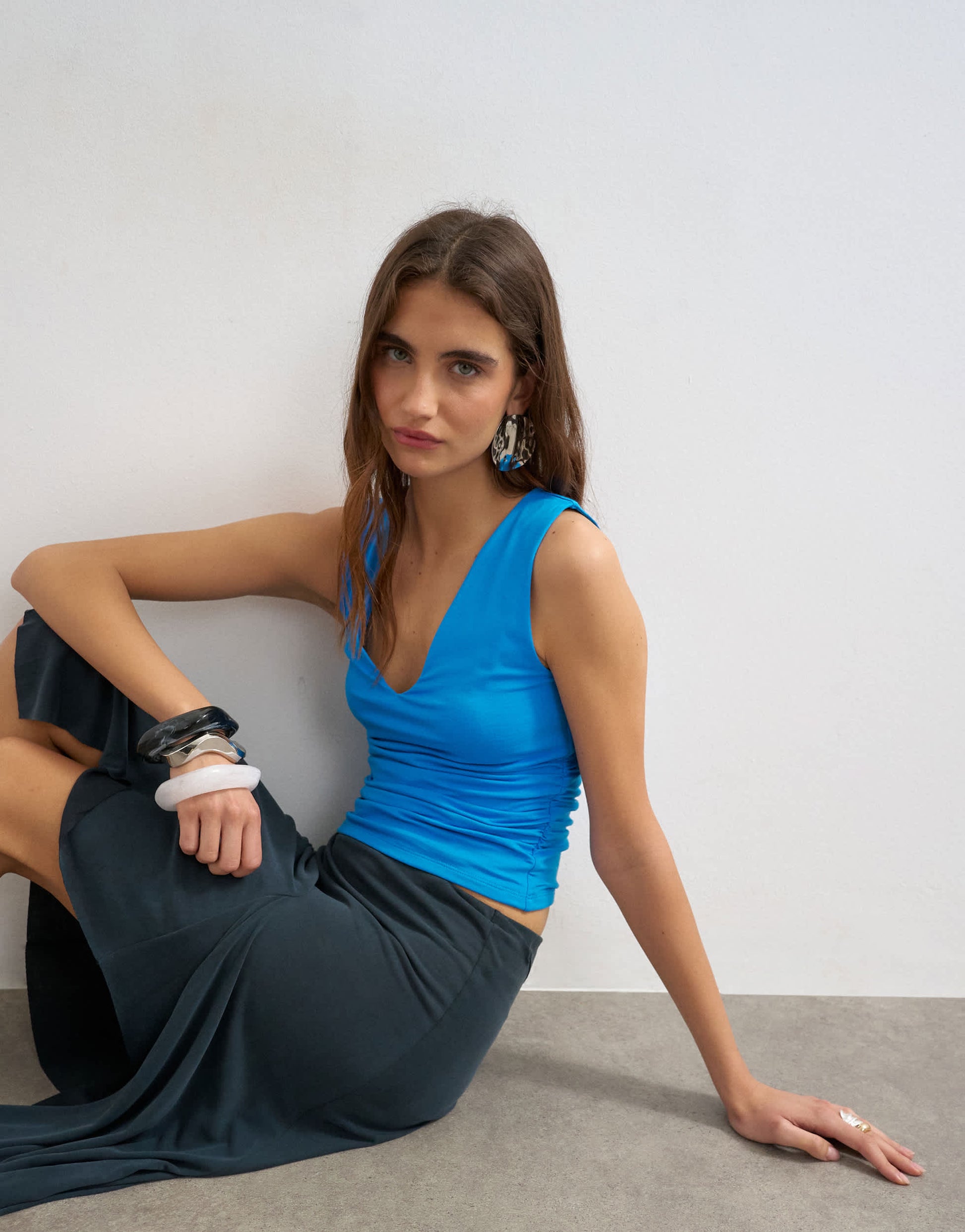 Topshop v-neck ruched side tank blue