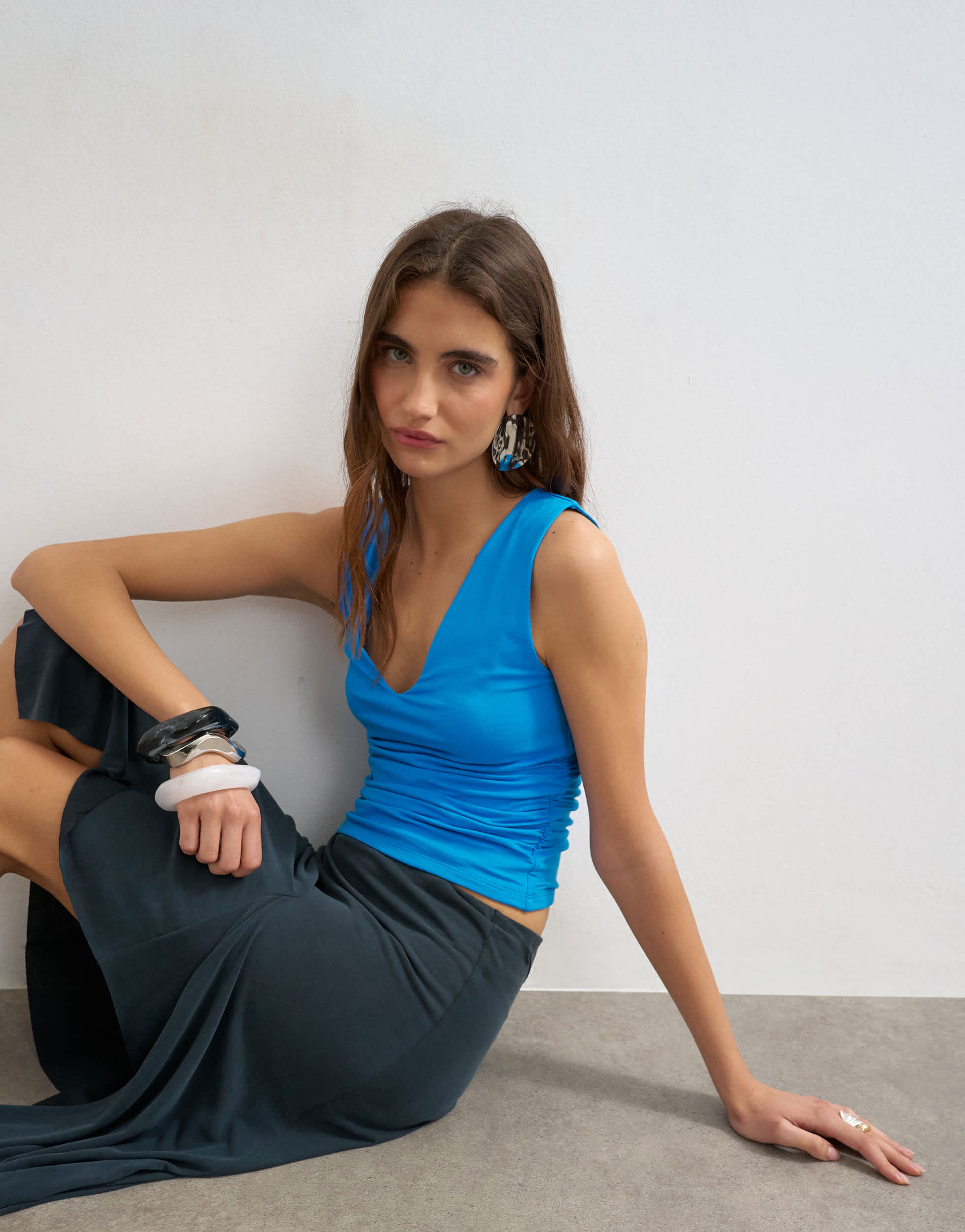 Topshop v-neck ruched side tank blue