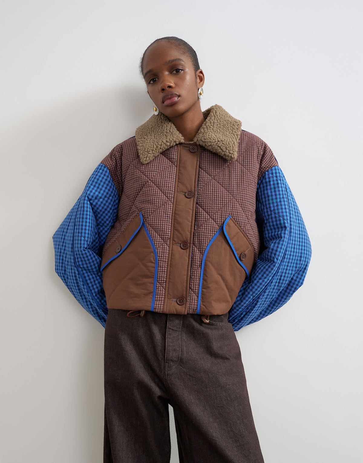 Topshop colour block quilt liner with borg collar in blue