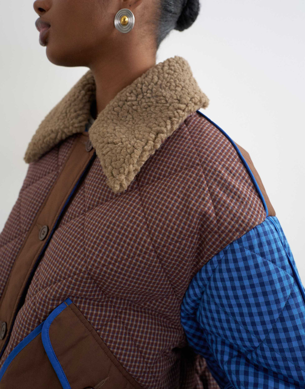 Topshop colour block quilt liner with borg collar in blue