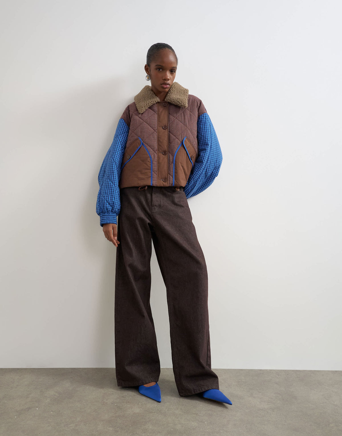 Topshop colour block quilt liner with borg collar in blue
