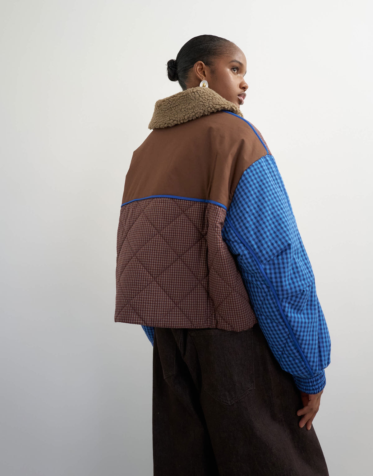 Topshop colour block quilt liner with borg collar in blue