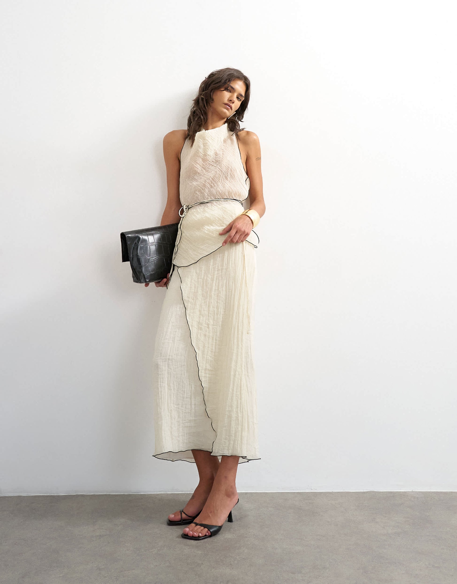 Topshop co-ord crinkle wrap midi skirt with contrast stitching in ecru