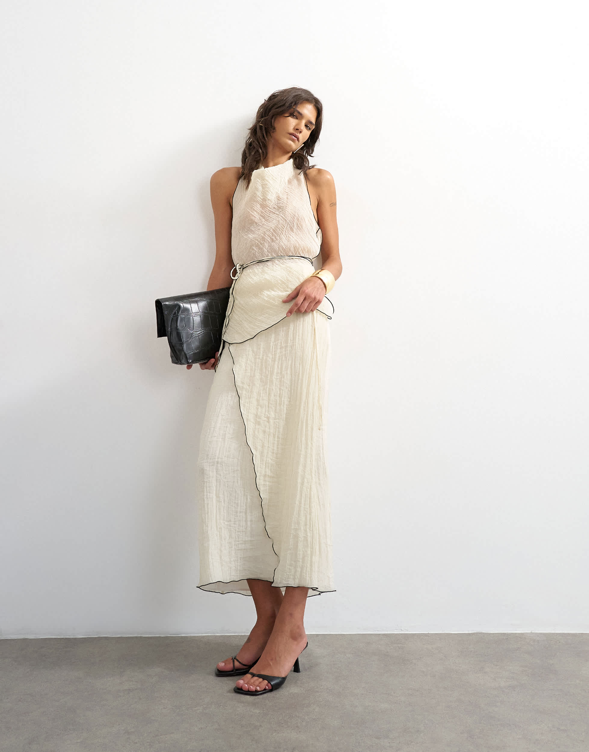 Topshop co-ord crinkle wrap midi skirt with contrast stitching in ecru