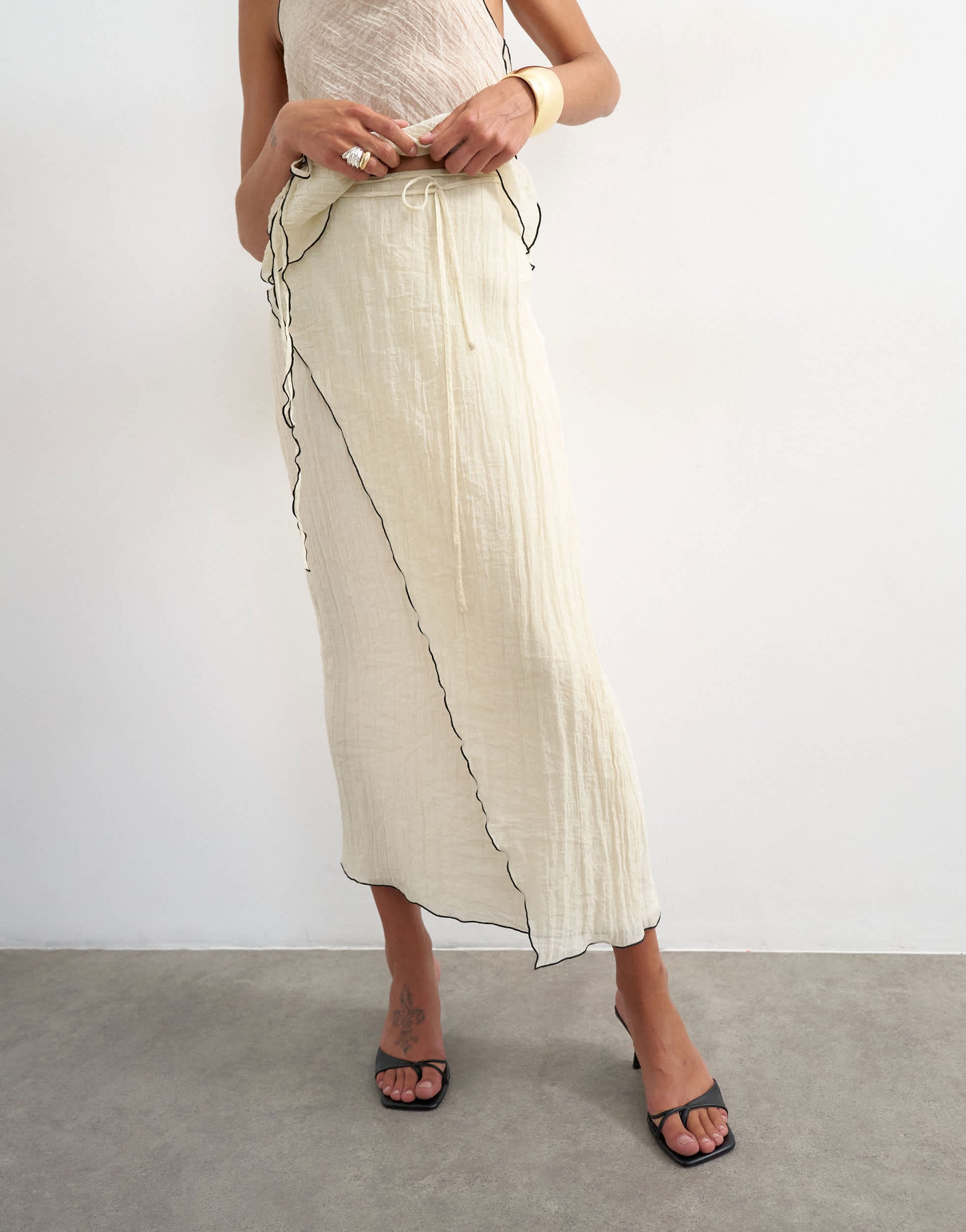 Topshop co-ord crinkle wrap midi skirt with contrast stitching in ecru