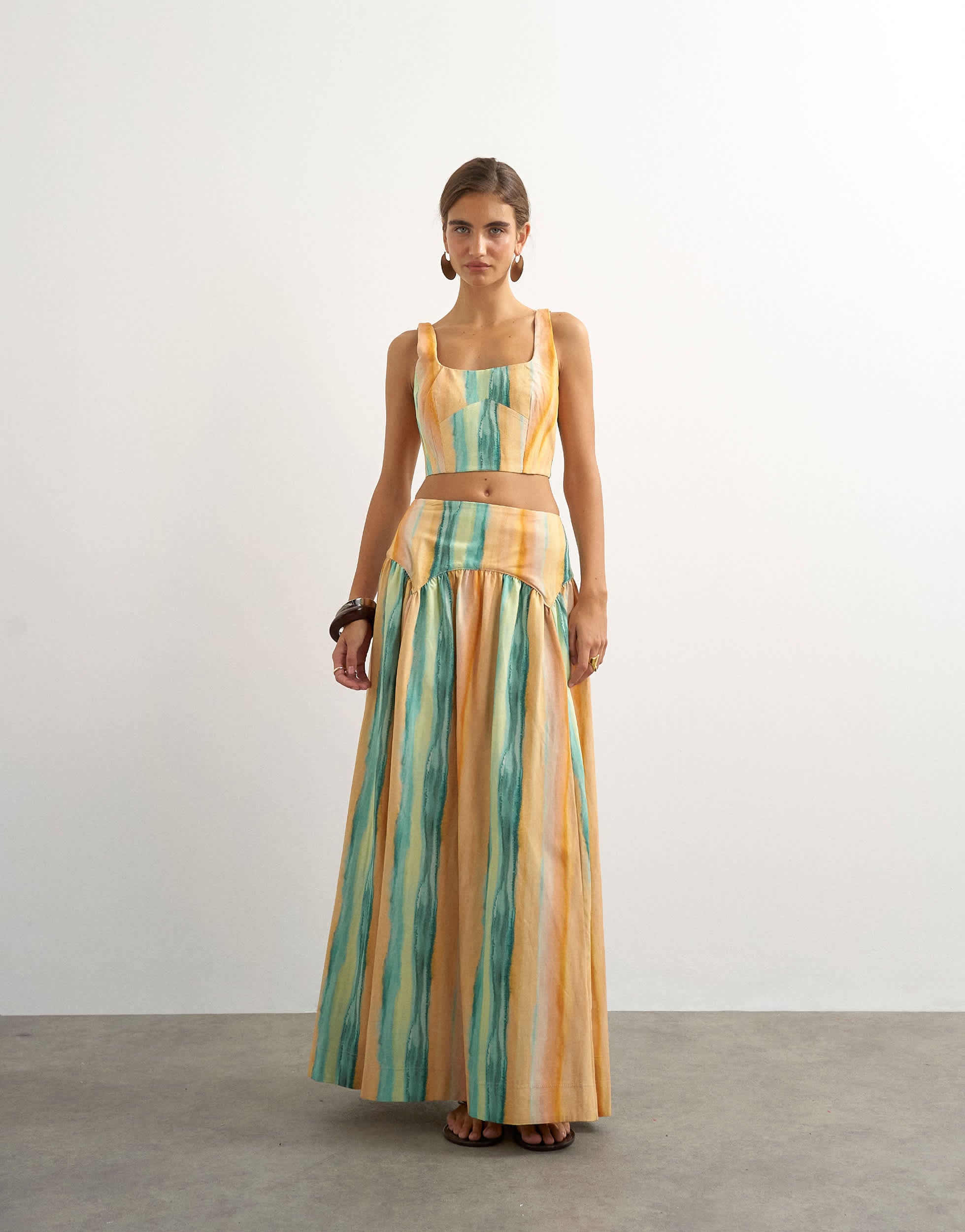 Topshop co-ord drop waist full circle midi skirt in orange abstract stripe