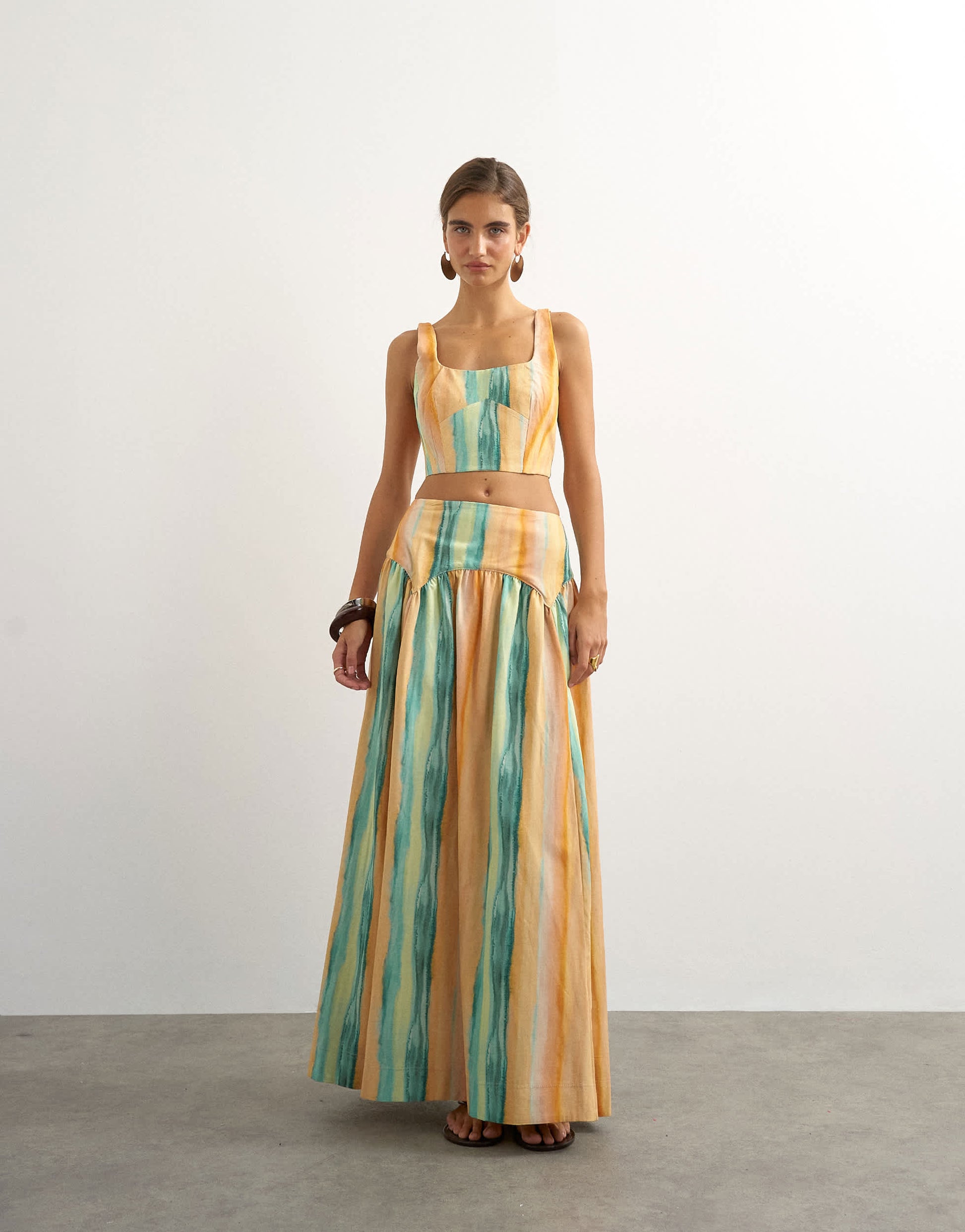 Topshop co-ord drop waist full circle midi skirt in orange abstract stripe