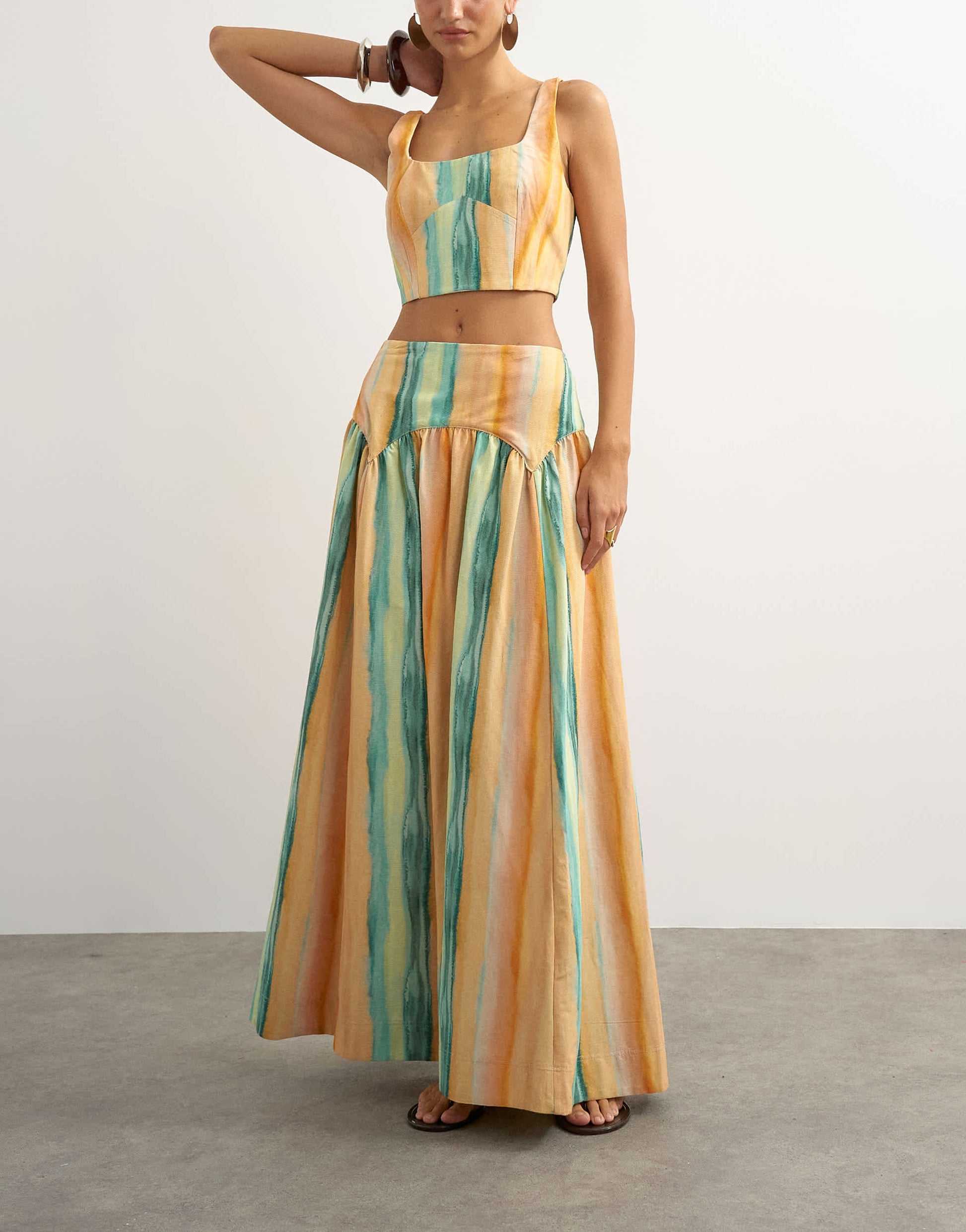 Topshop co-ord drop waist full circle midi skirt in orange abstract stripe