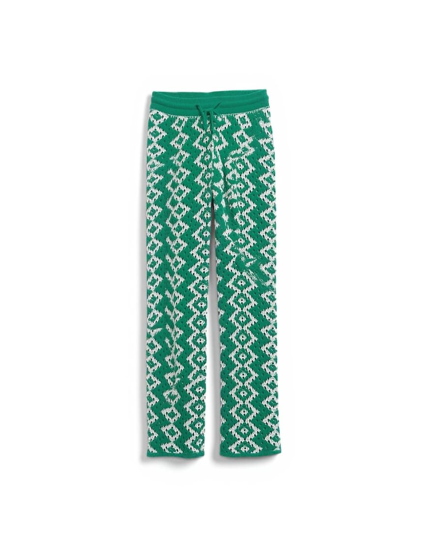 Topshop knitted patterned crochet look co-ord trouser in green and white