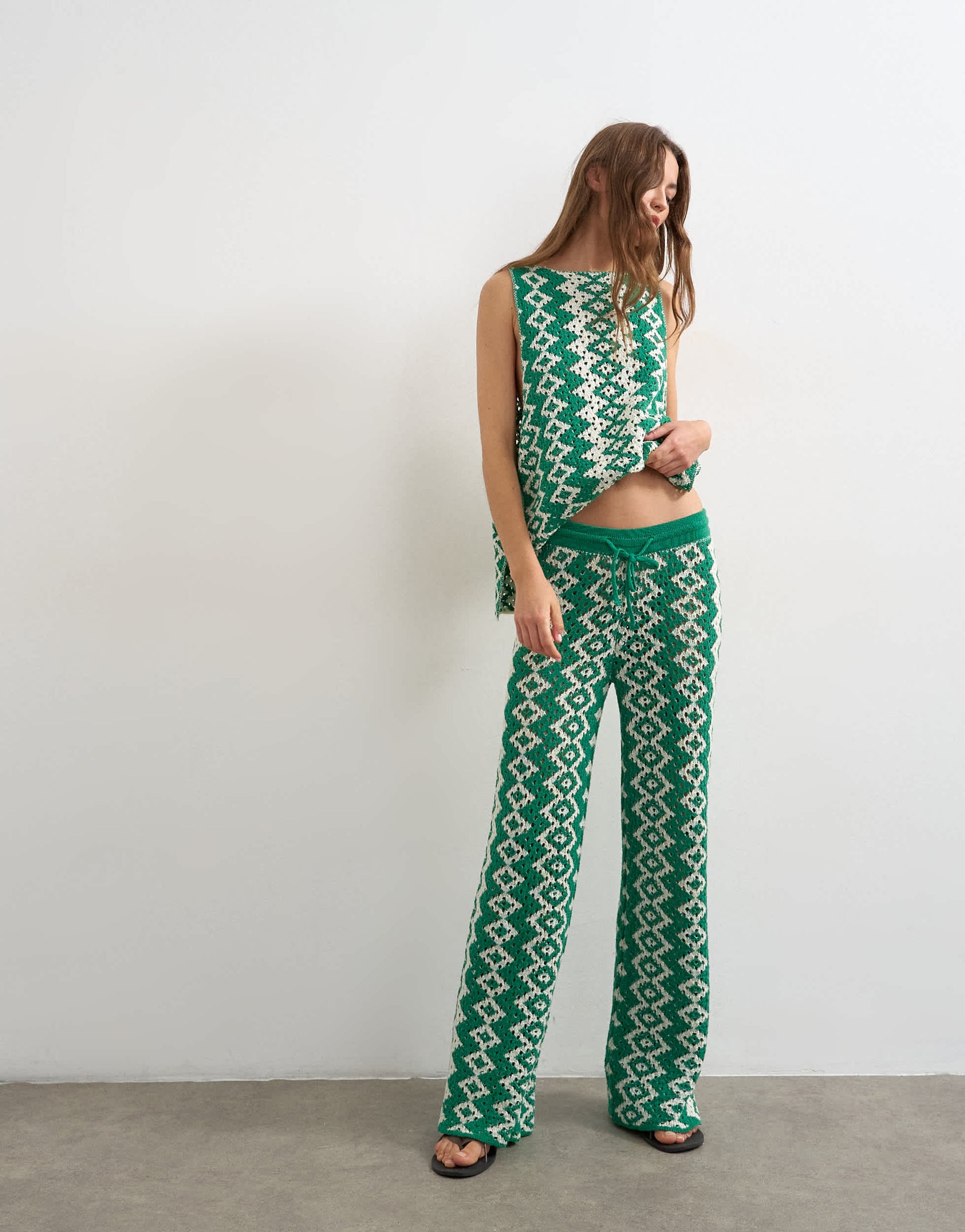 Topshop knitted patterned crochet look co-ord trouser in green and white