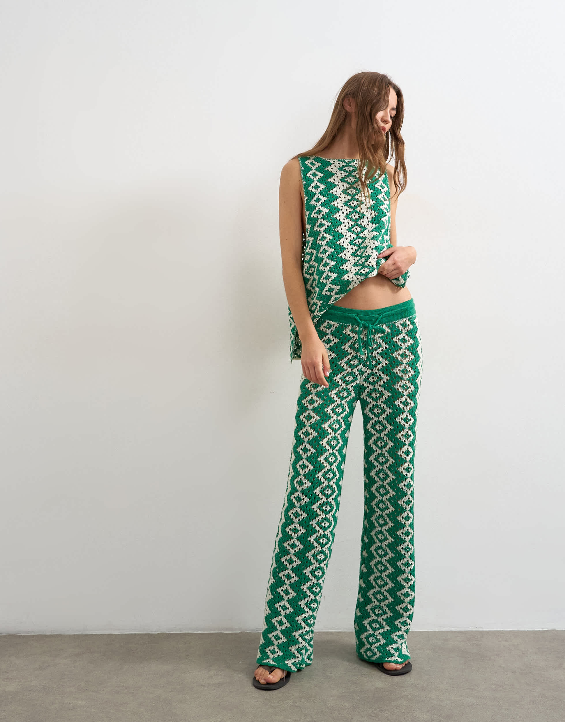 Topshop knitted patterned crochet look co-ord trouser in green and white