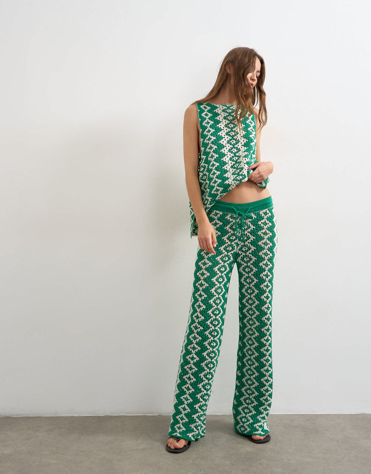 Topshop knitted patterned crochet look co-ord trouser in green and white