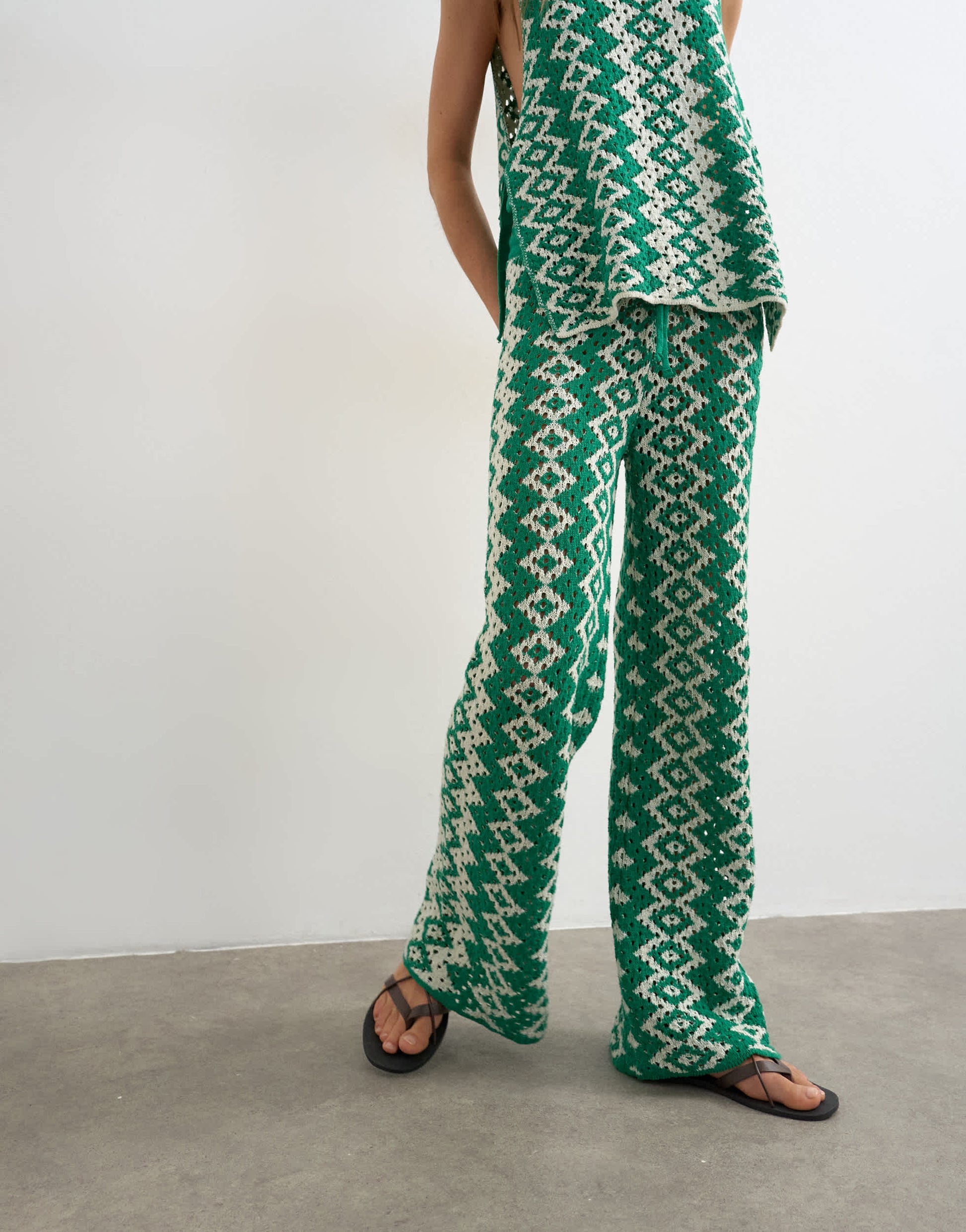 Topshop knitted patterned crochet look co-ord trouser in green and white