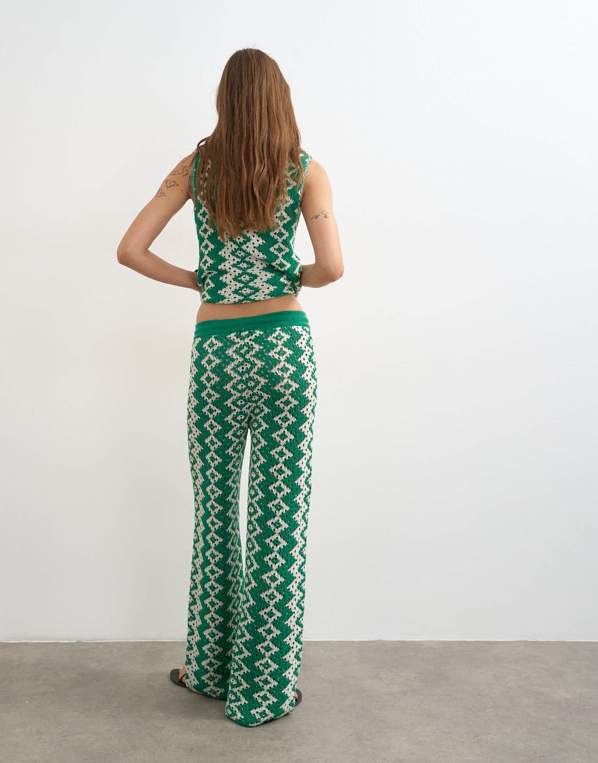 Topshop knitted patterned crochet look co-ord trouser in green and white