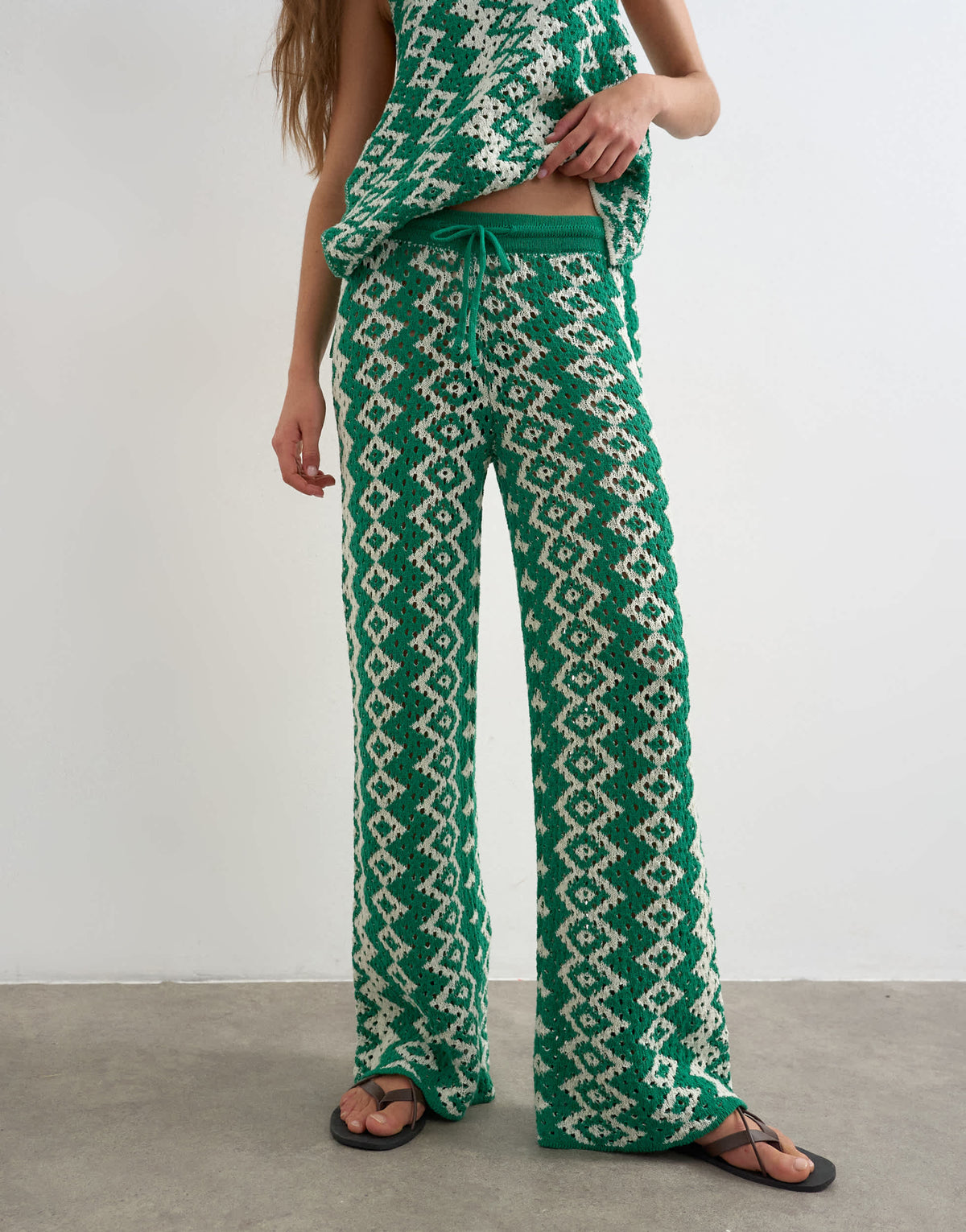Topshop knitted patterned crochet look co-ord trouser in green and white