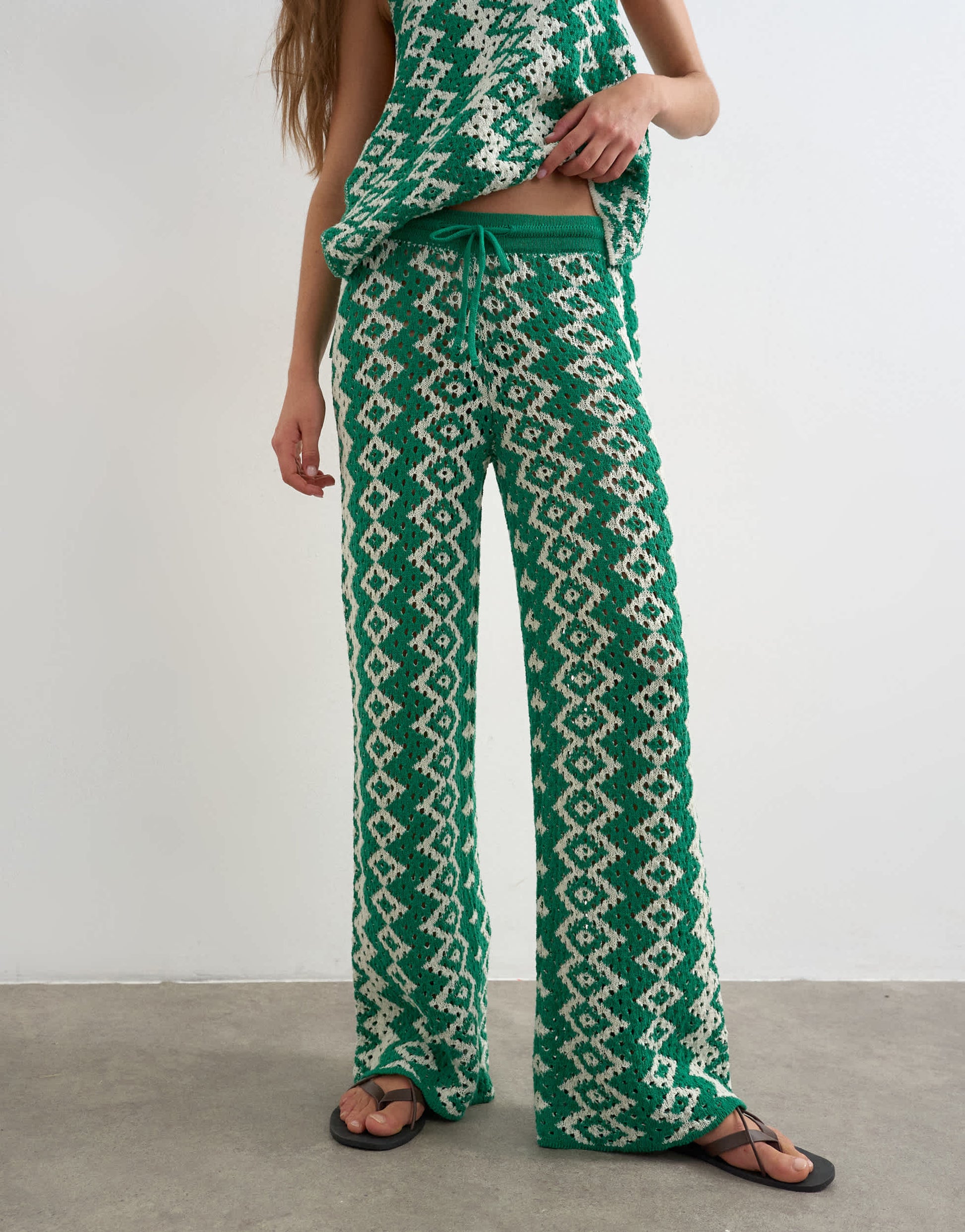 Topshop knitted patterned crochet look co-ord trouser in green and white