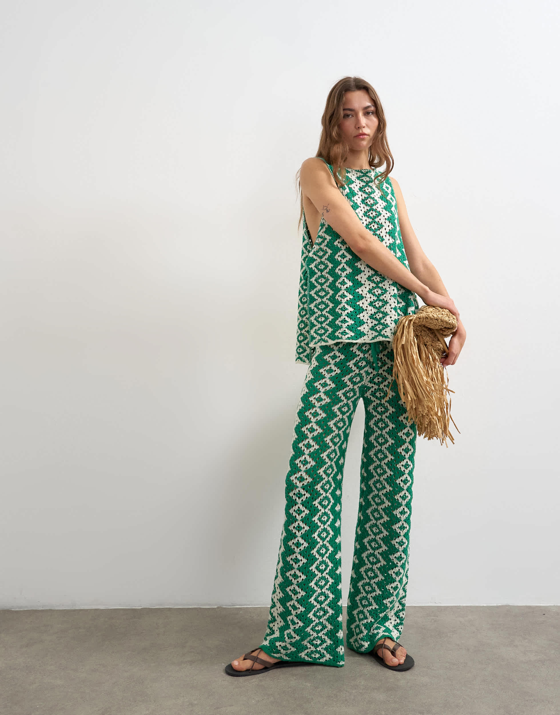 Topshop knitted patterned crochet look co-ord shirt in green and white