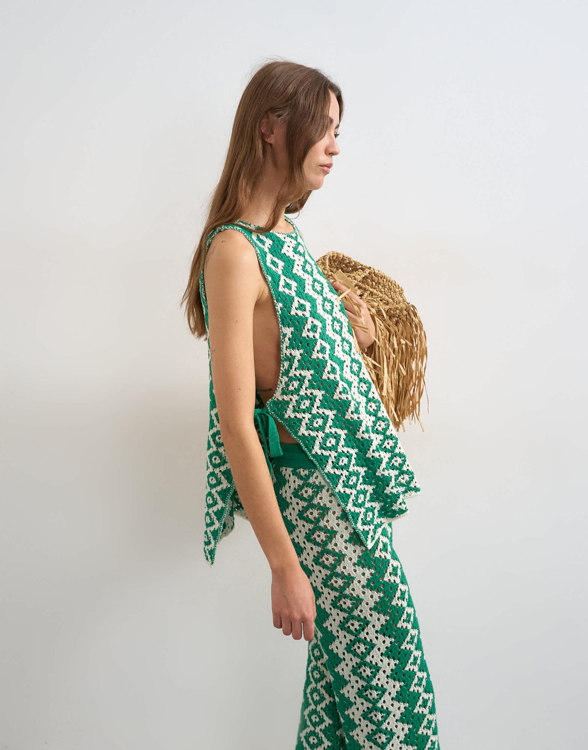 Topshop knitted patterned crochet look co-ord shirt in green and white