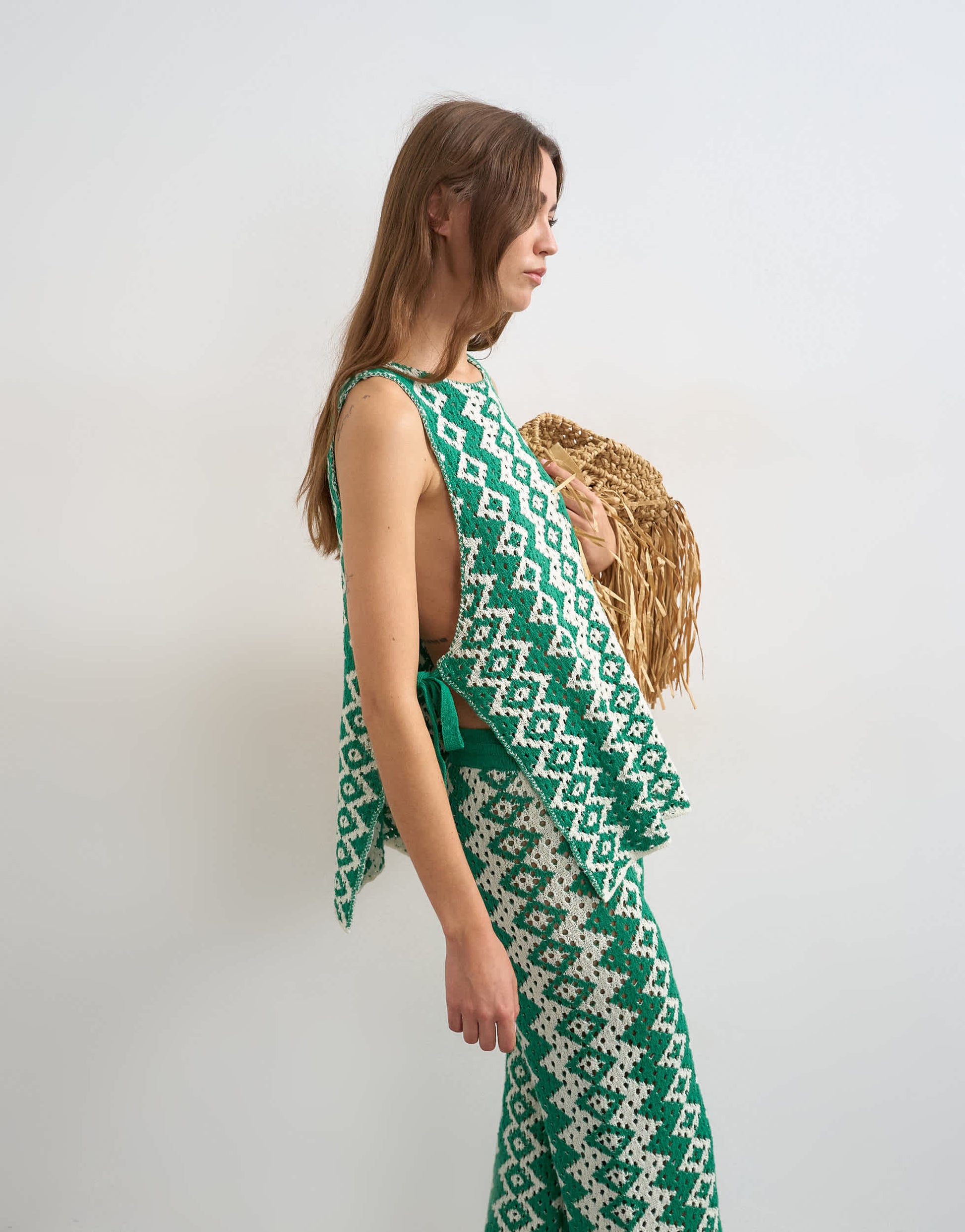 Topshop knitted patterned crochet look co-ord shirt in green and white