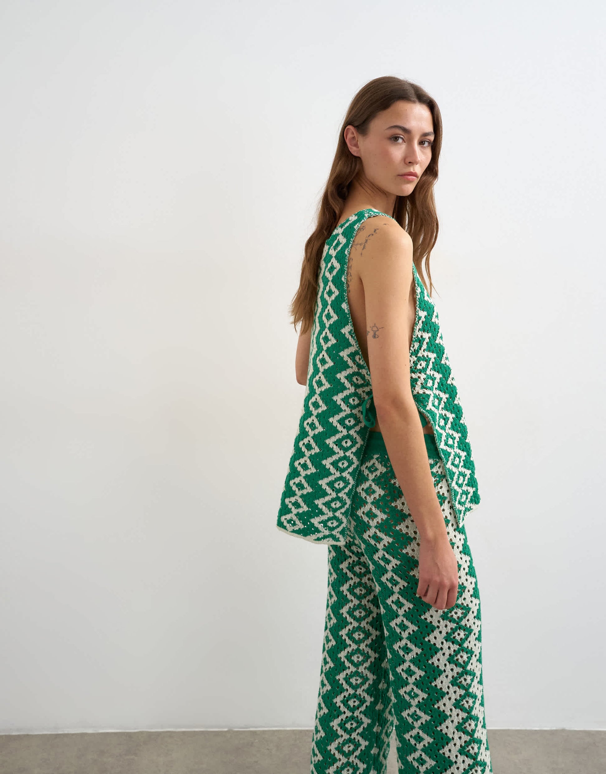 Topshop knitted patterned crochet look co-ord shirt in green and white