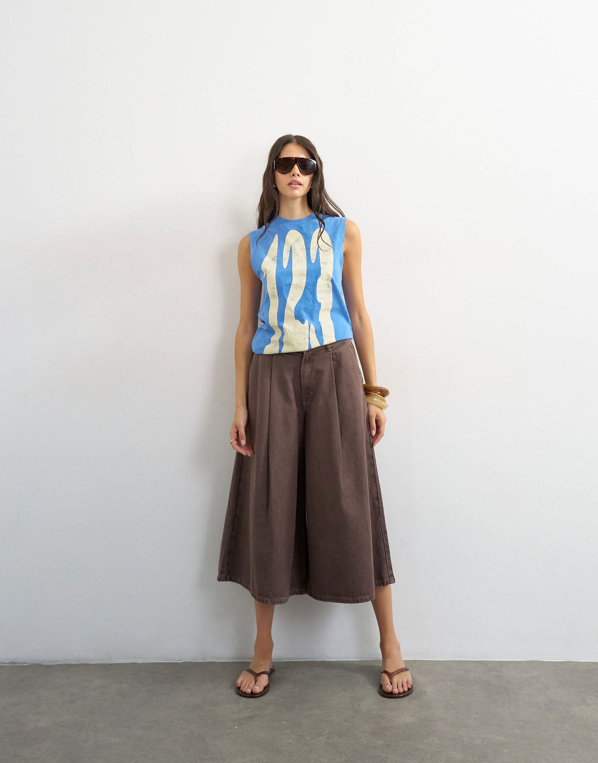 Topshop denim pleated culotte in brown rinse