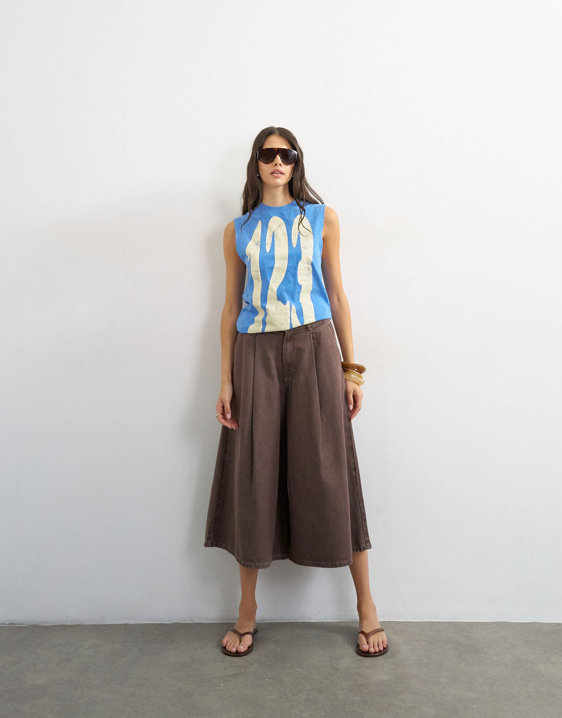 Topshop denim pleated culotte in brown rinse