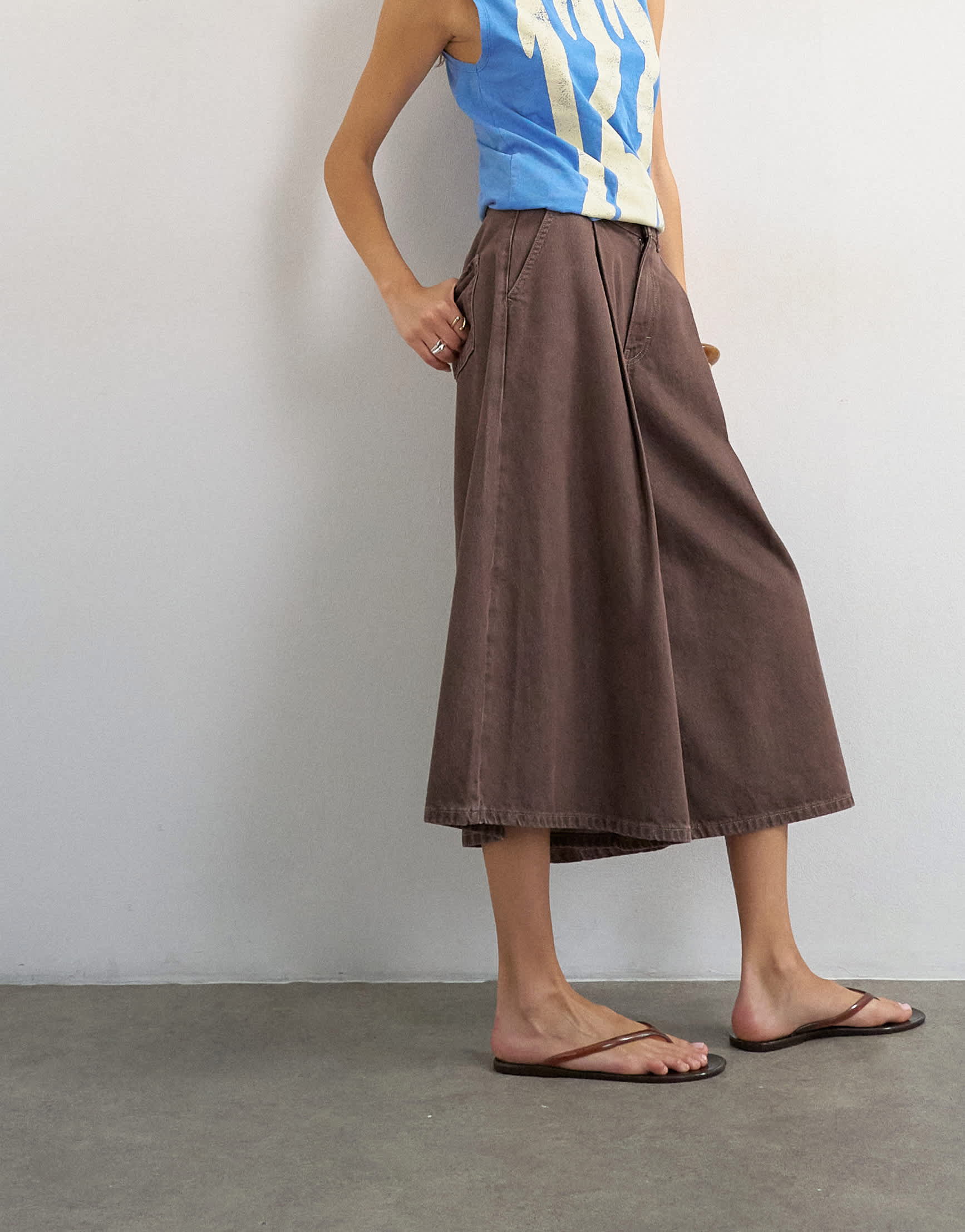 Topshop denim pleated culotte in brown rinse