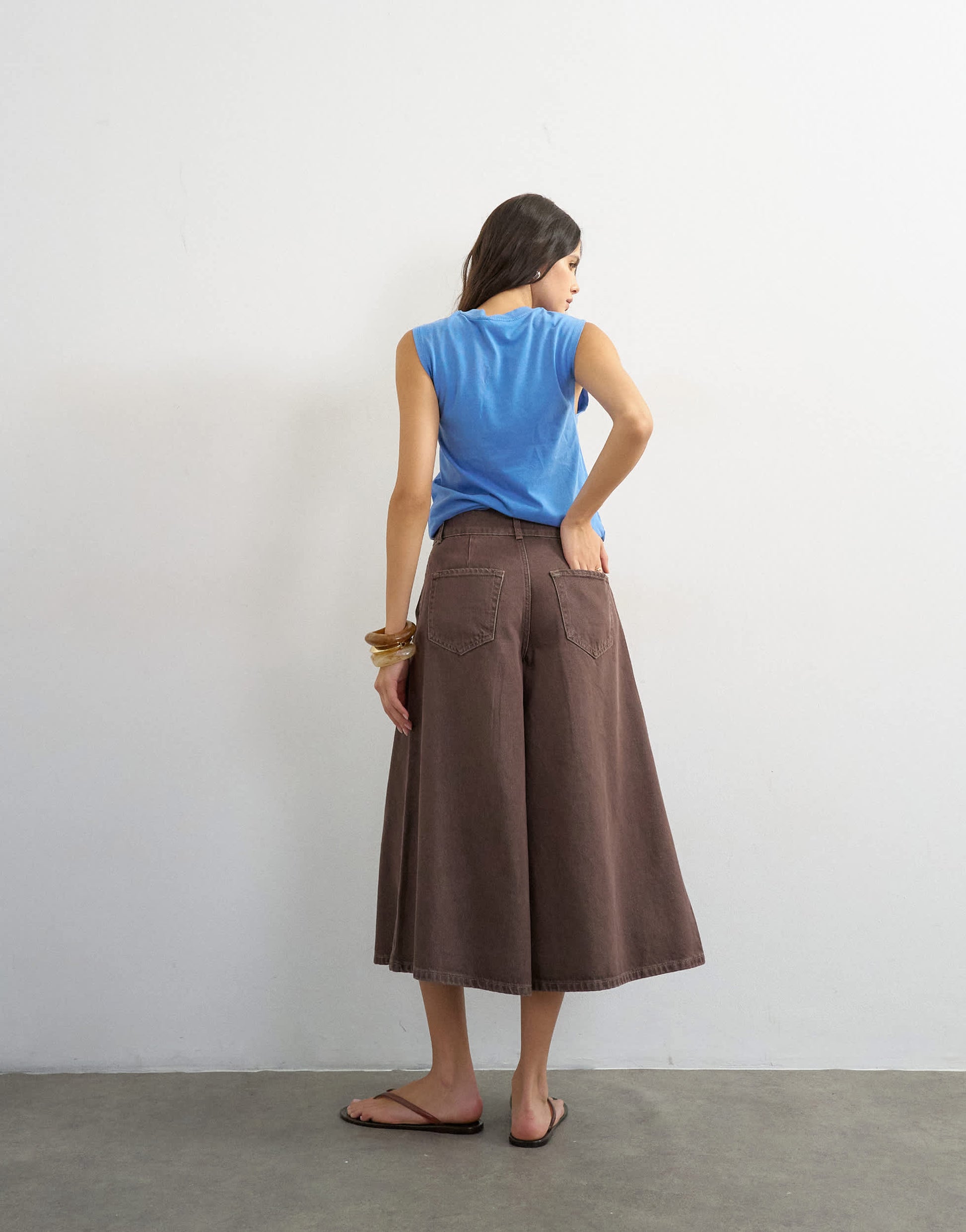 Topshop denim pleated culotte in brown rinse