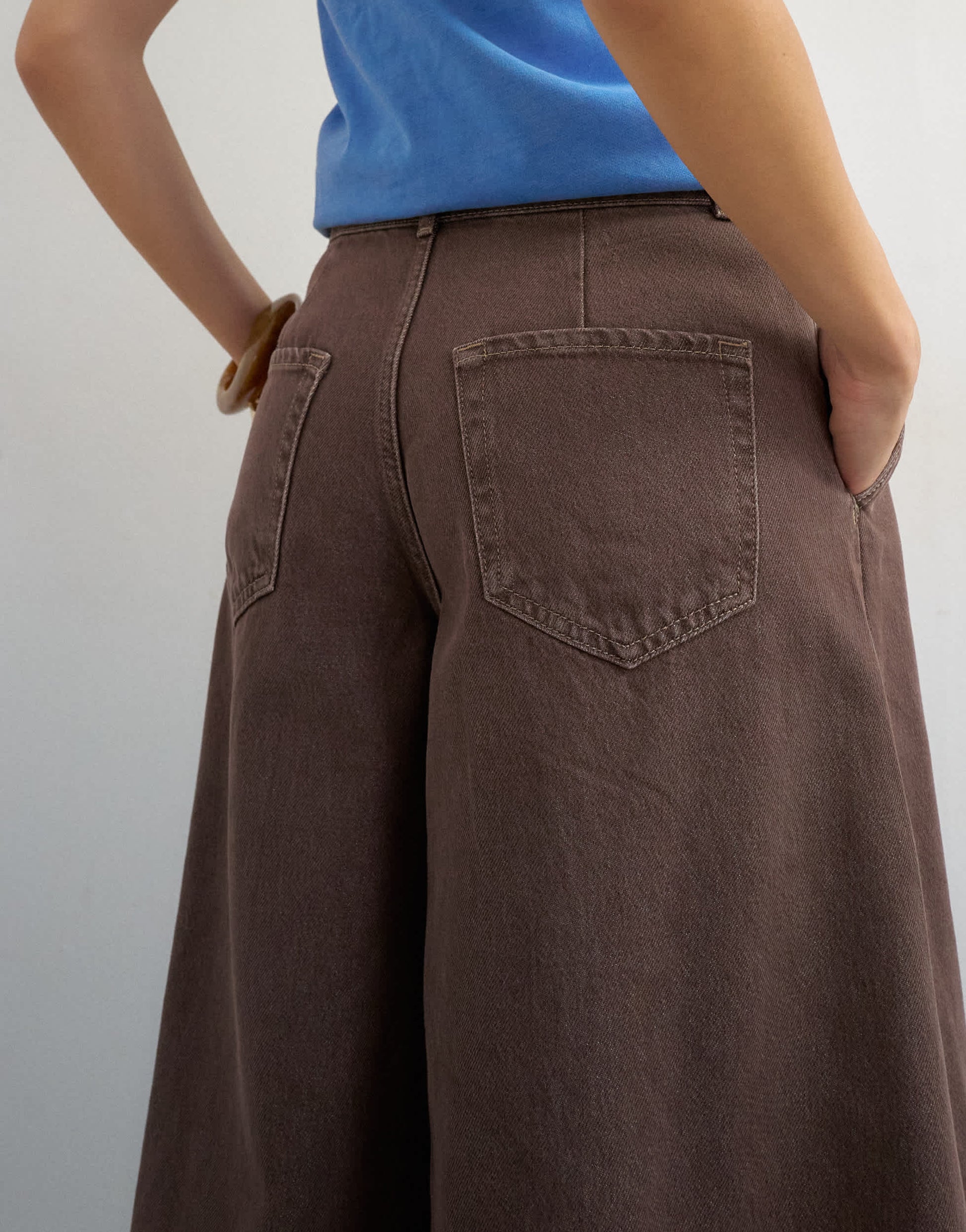 Topshop denim pleated culotte in brown rinse
