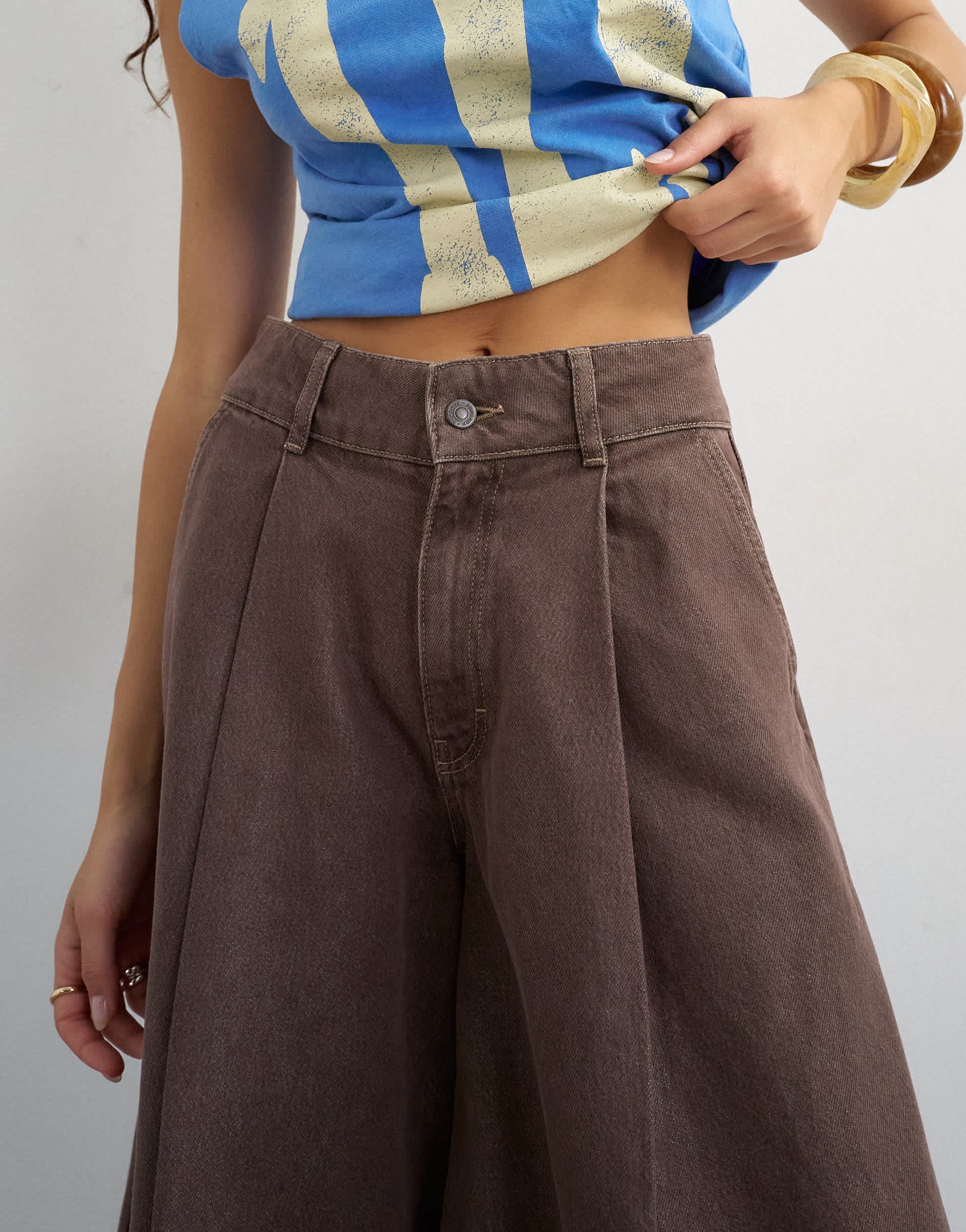 Topshop denim pleated culotte in brown rinse