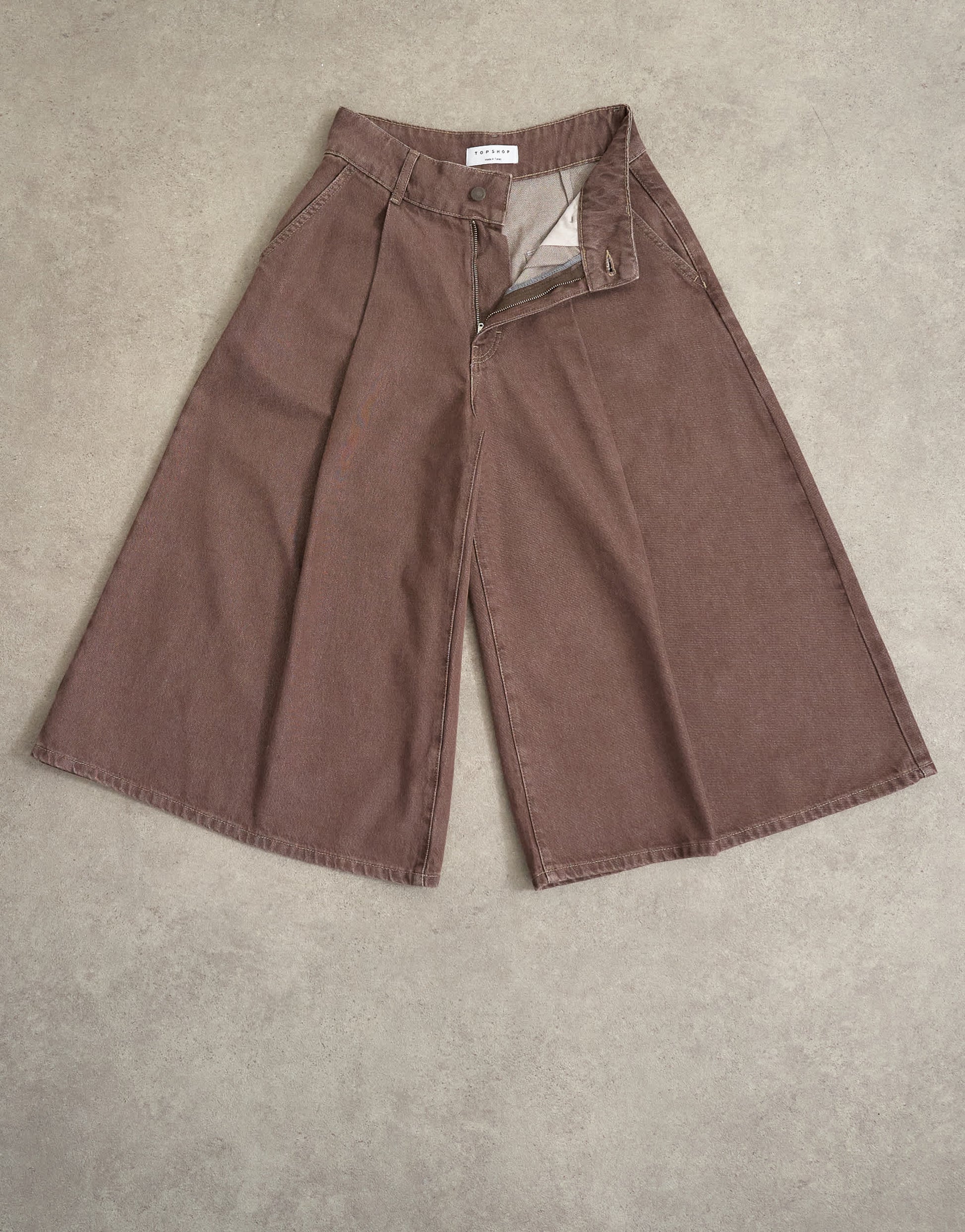 Topshop denim pleated culotte in brown rinse