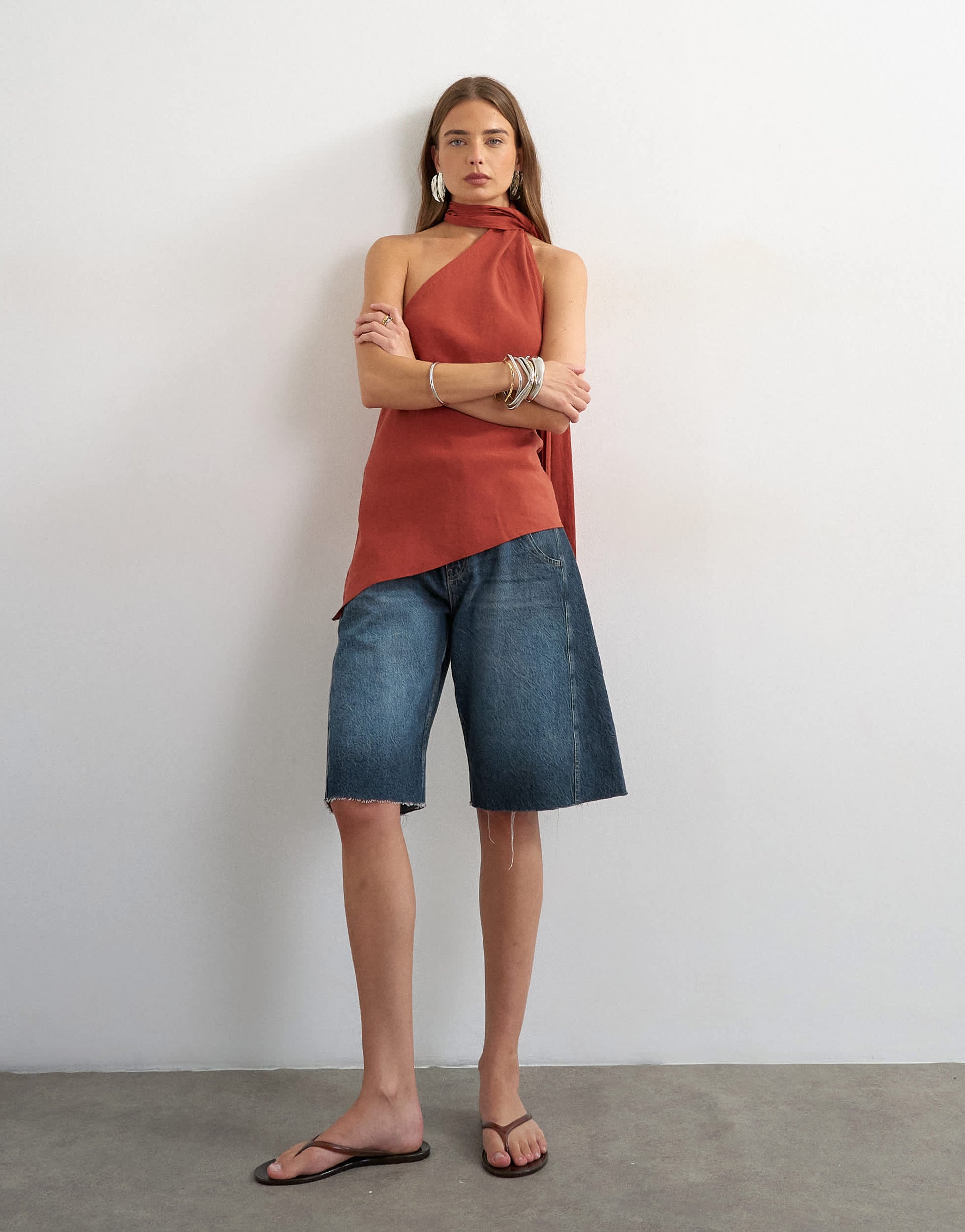Topshop cupro halter scarf detail top in rust