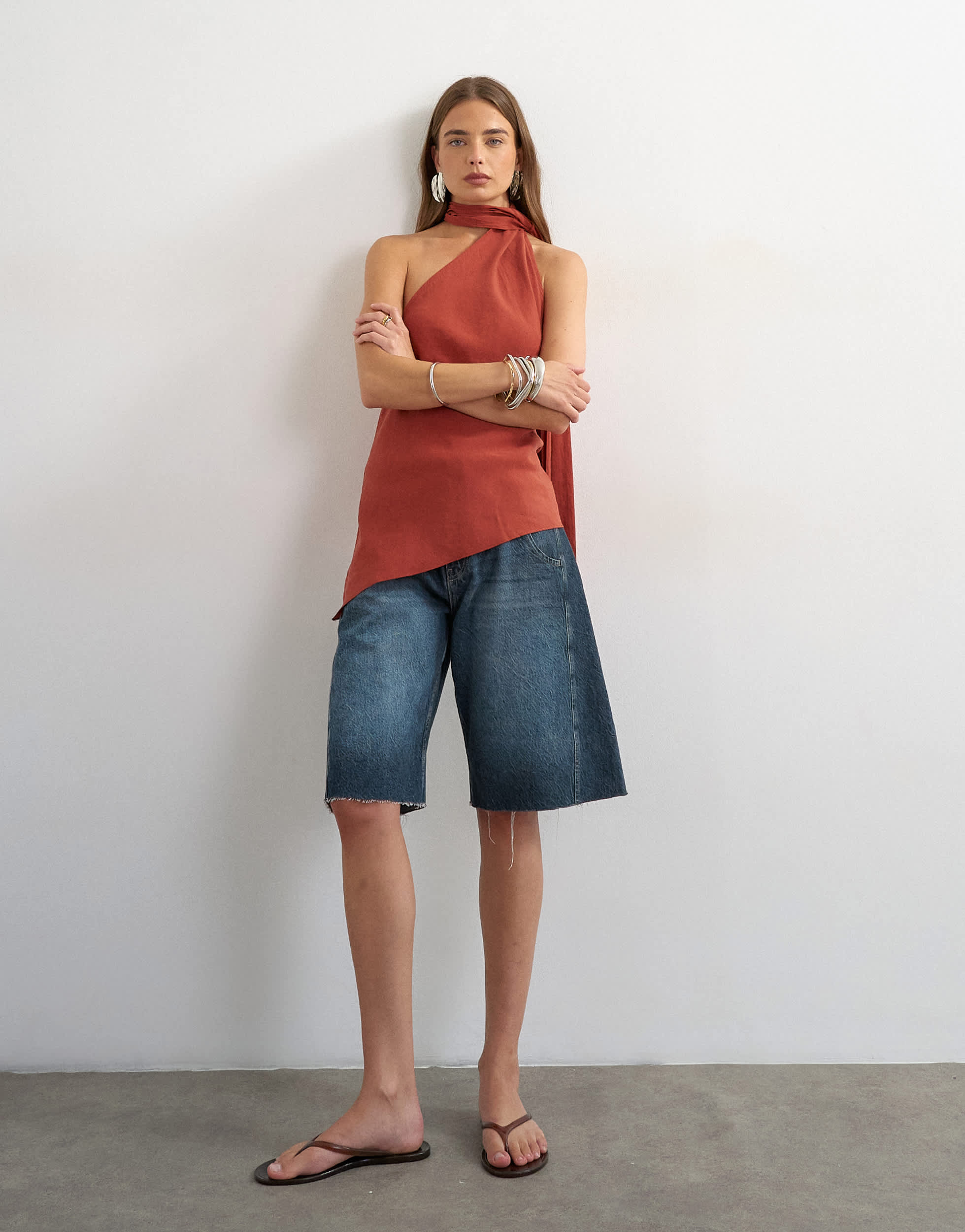 Topshop cupro halter scarf detail top in rust