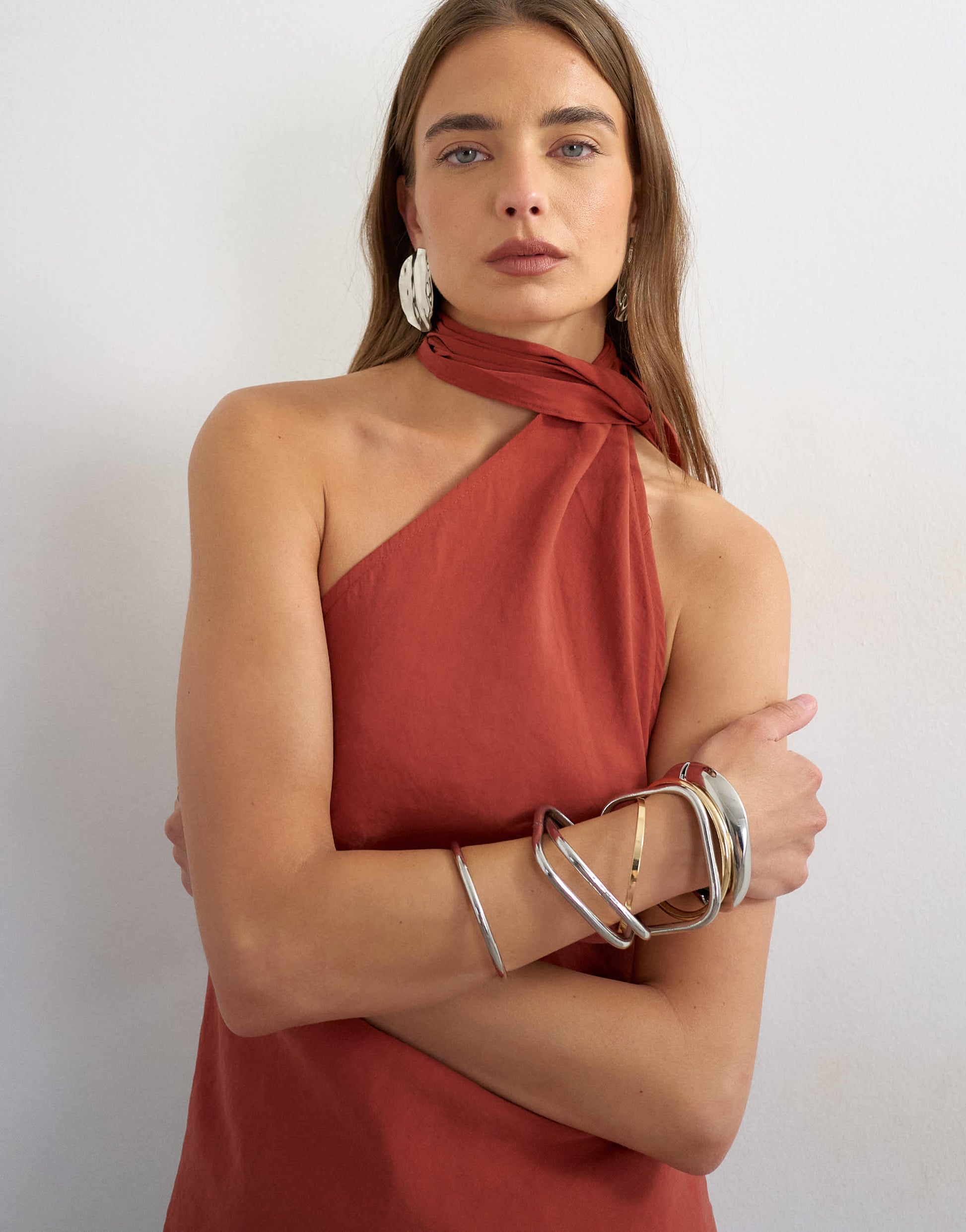 Topshop cupro halter scarf detail top in rust