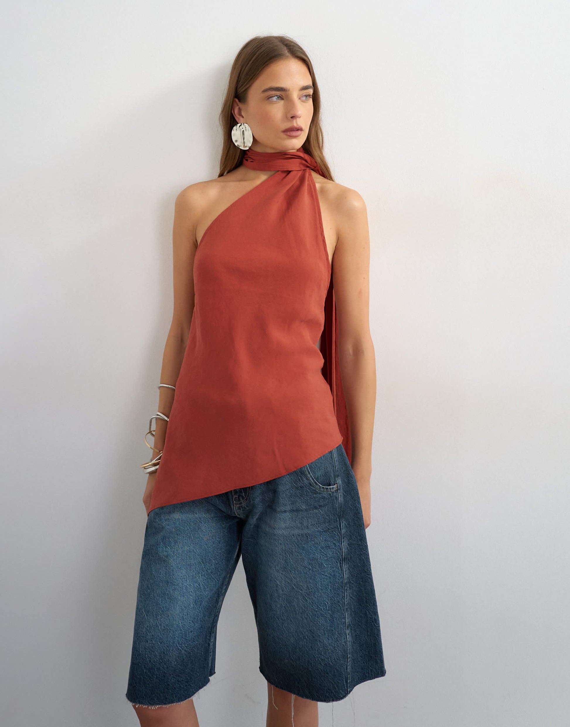 Topshop cupro halter scarf detail top in rust