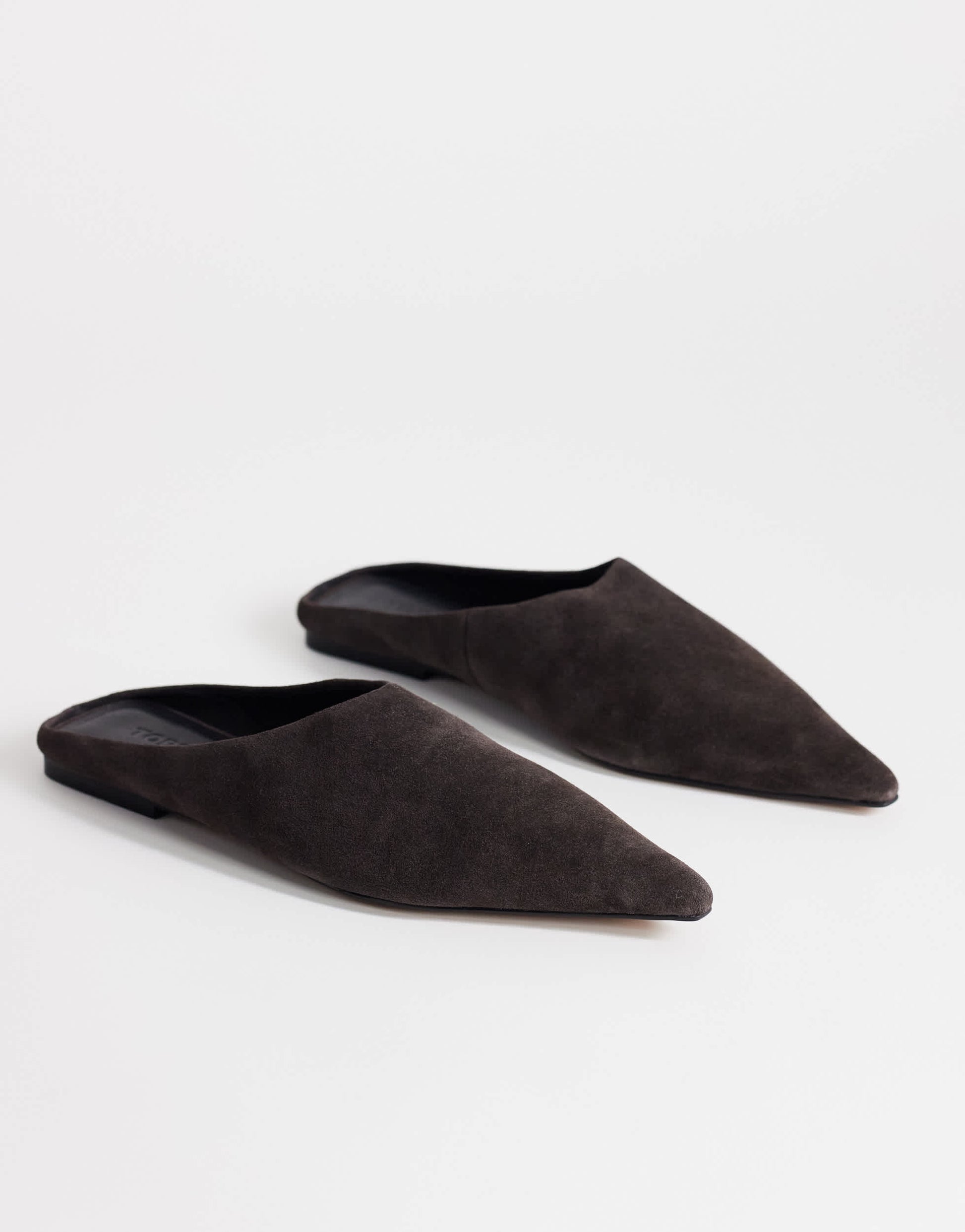 Topshop Dawn real suede flat pointed shoe in chocolate