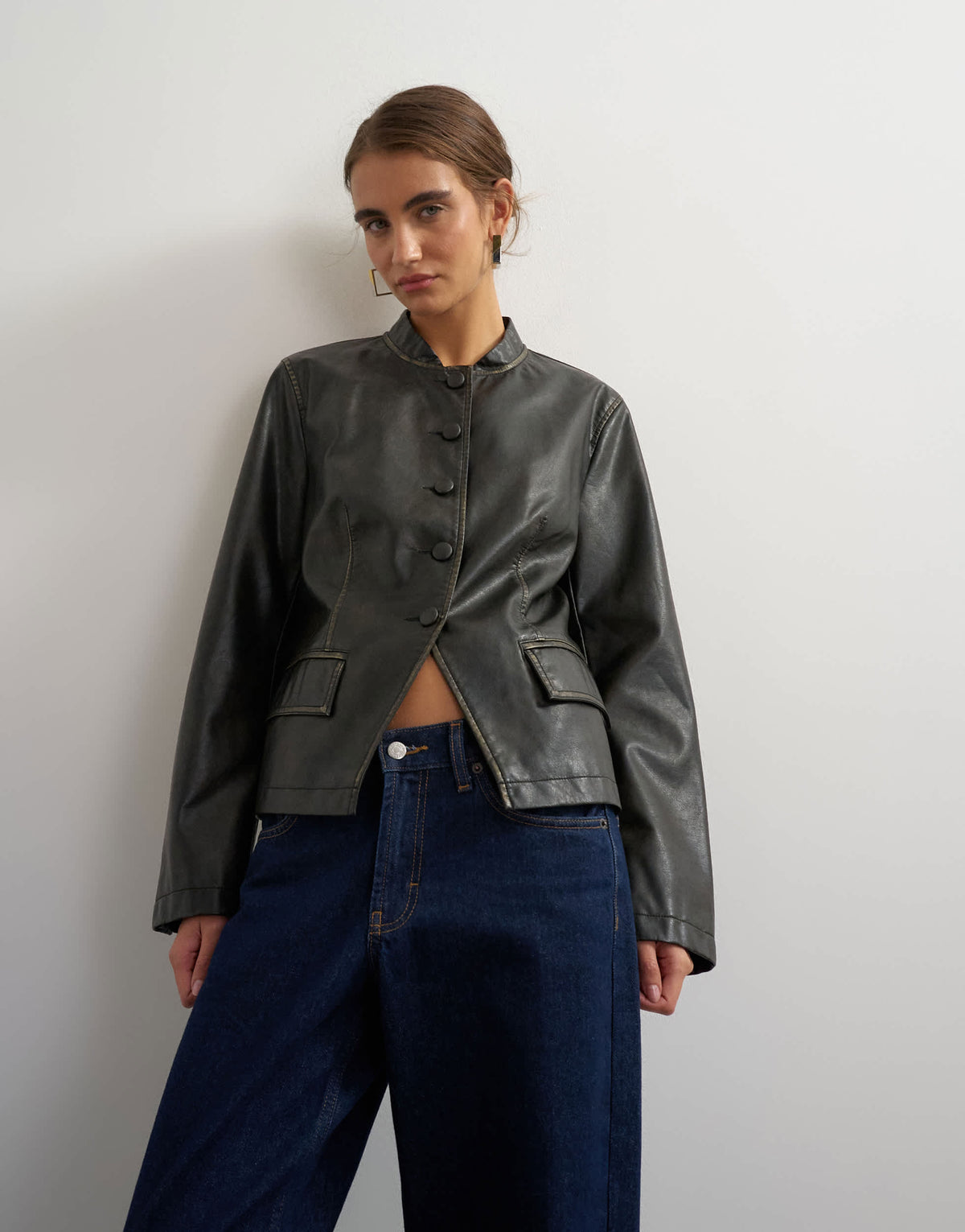 Topshop faux leather button down washed blazer in black