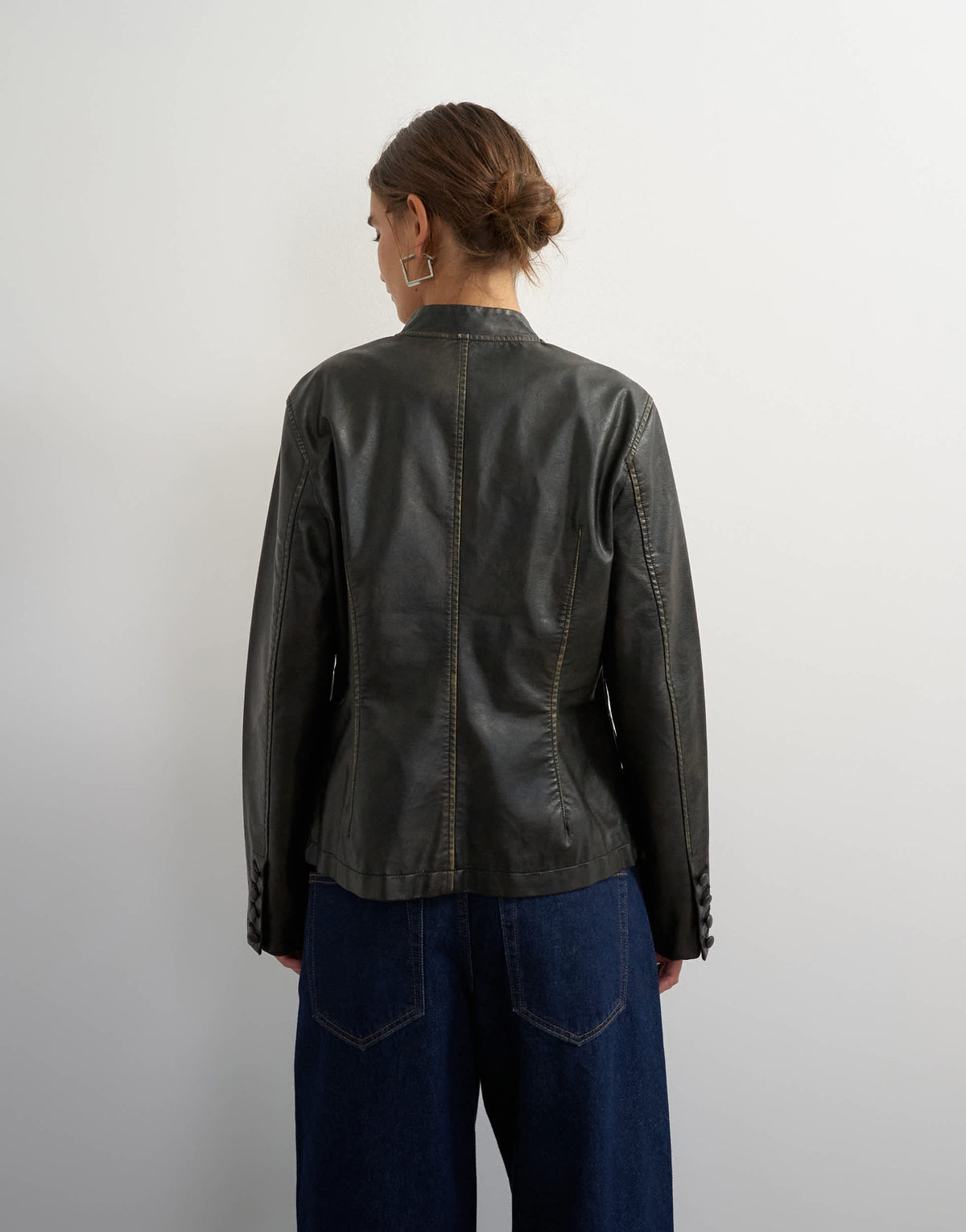 Topshop faux leather button down washed blazer in black
