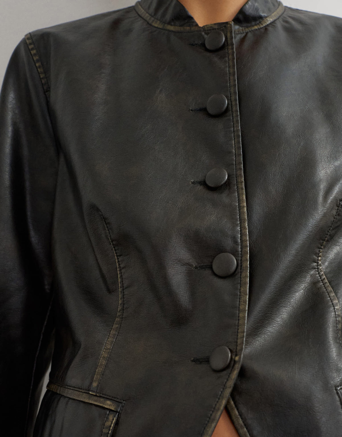 Topshop faux leather button down washed blazer in black
