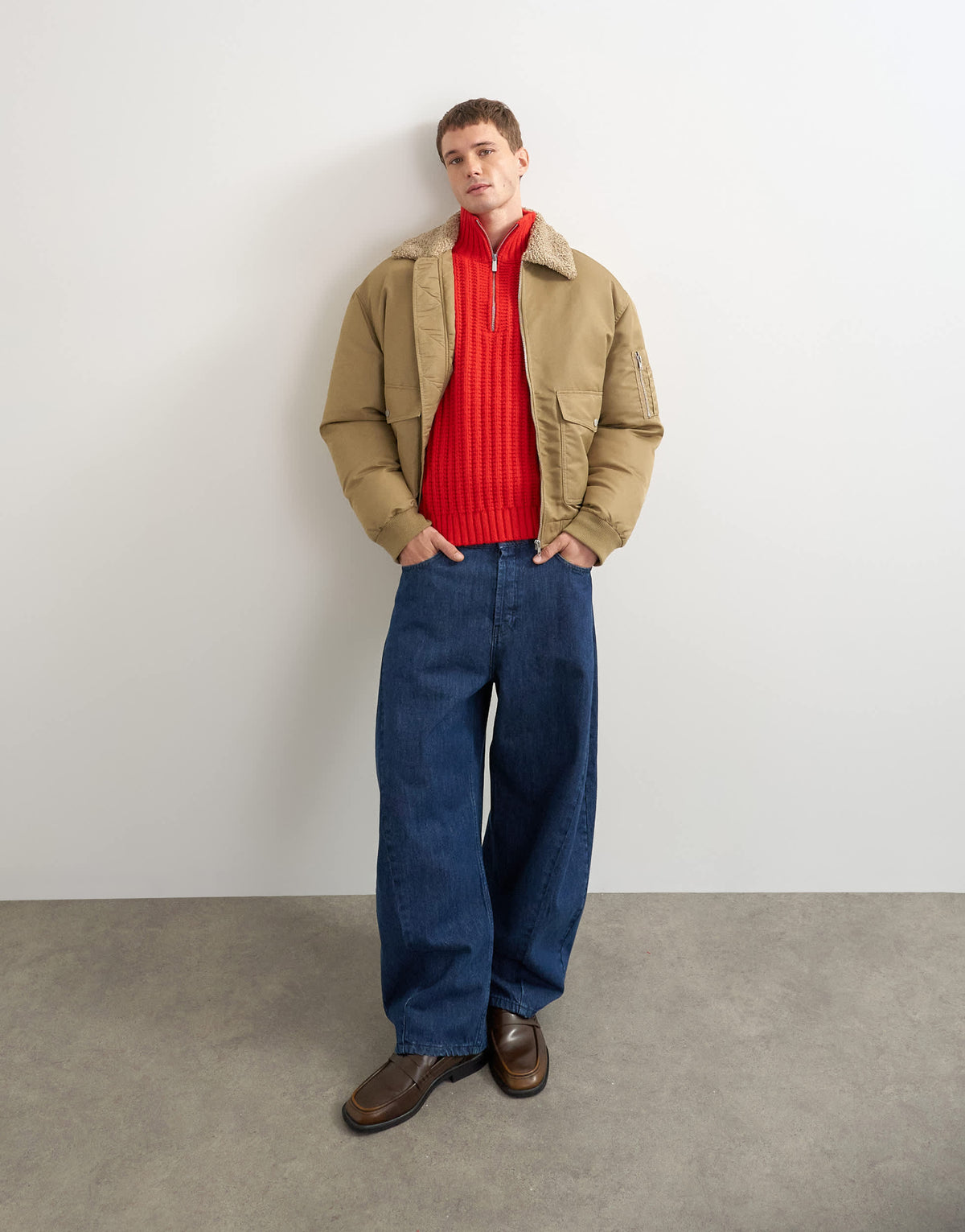 Topman oversized fit nylon bomber with shearling collar in stone