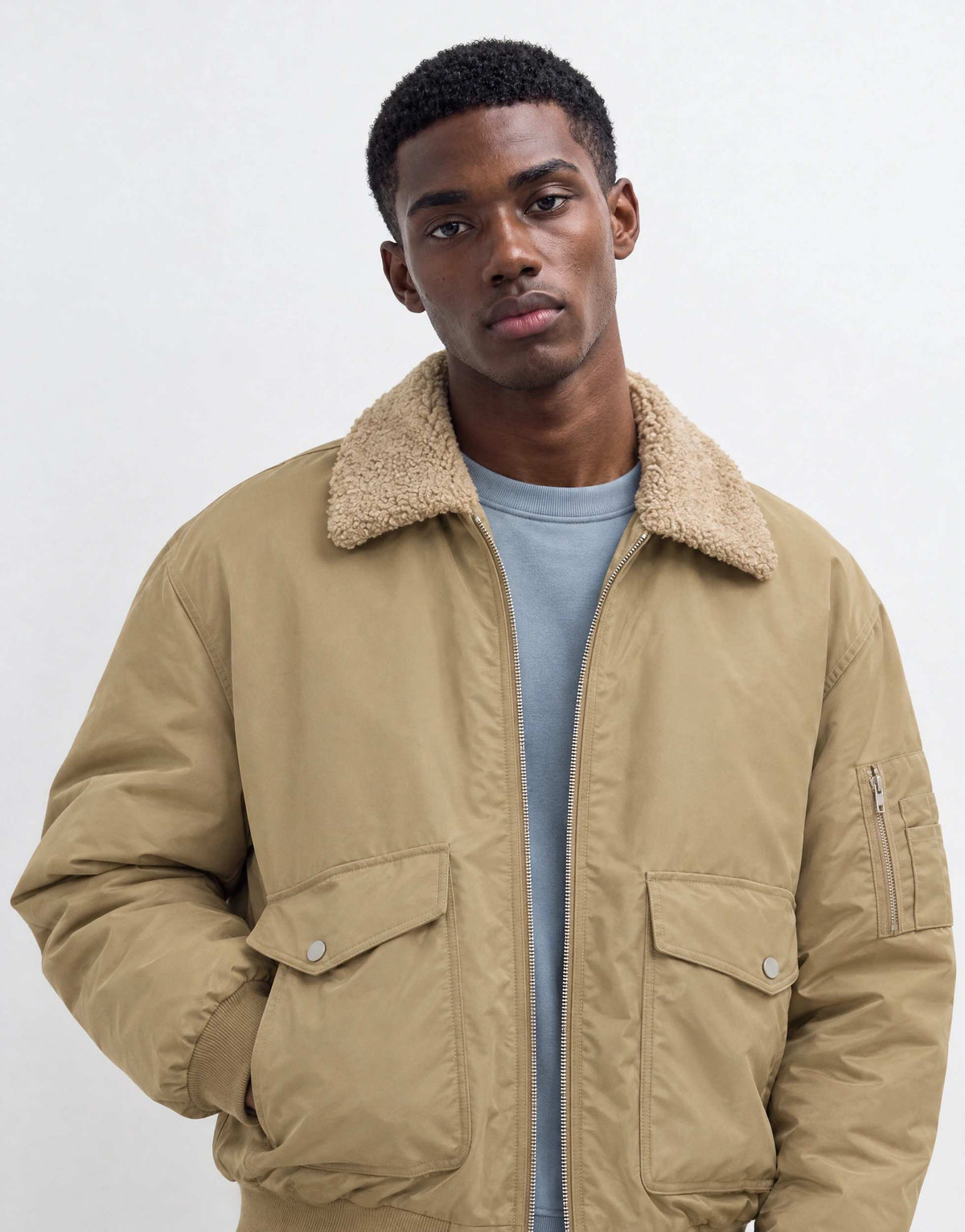 Topman oversized fit nylon bomber with shearling collar in stone