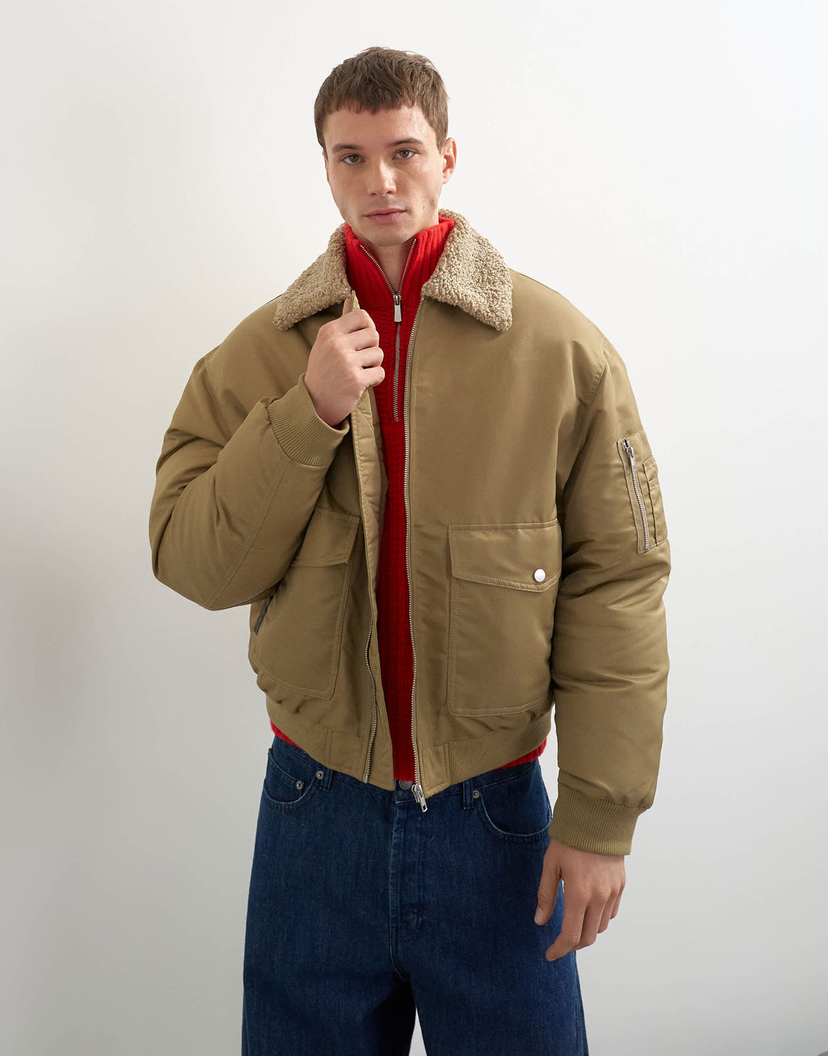Topman oversized fit nylon bomber with shearling collar in stone