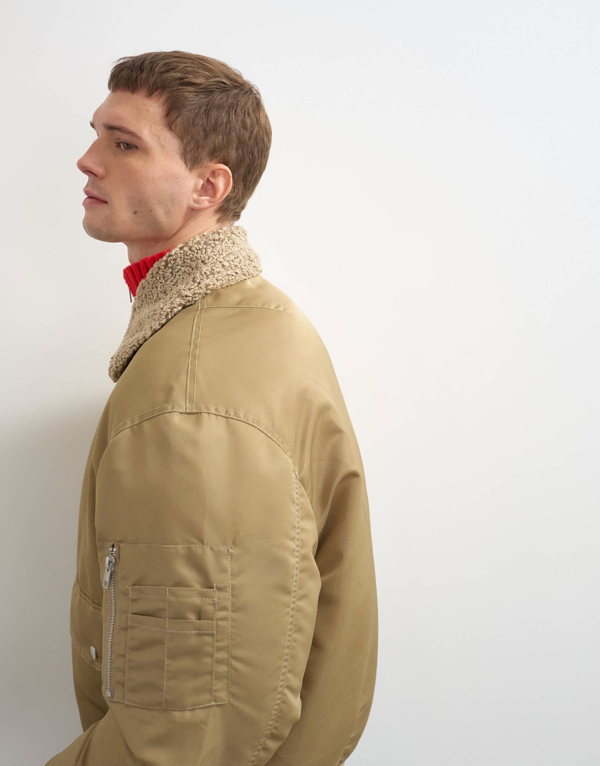 Topman oversized fit nylon bomber with shearling collar in stone