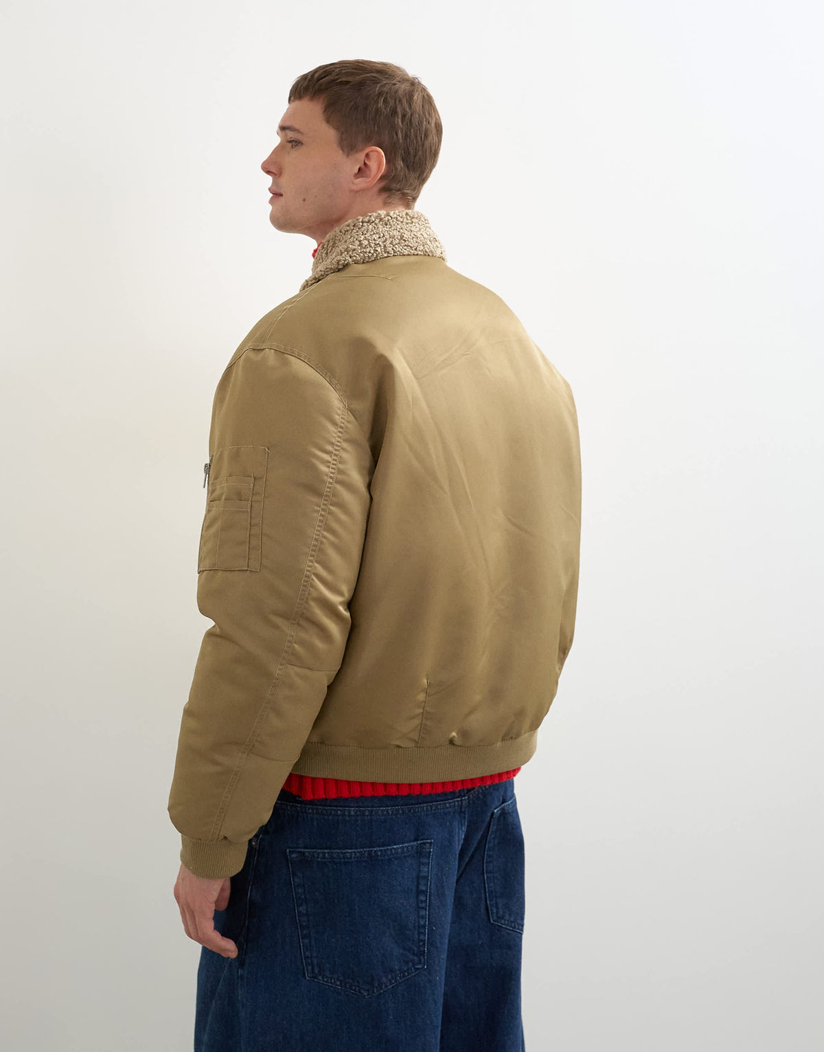 Topman oversized fit nylon bomber with shearling collar in stone