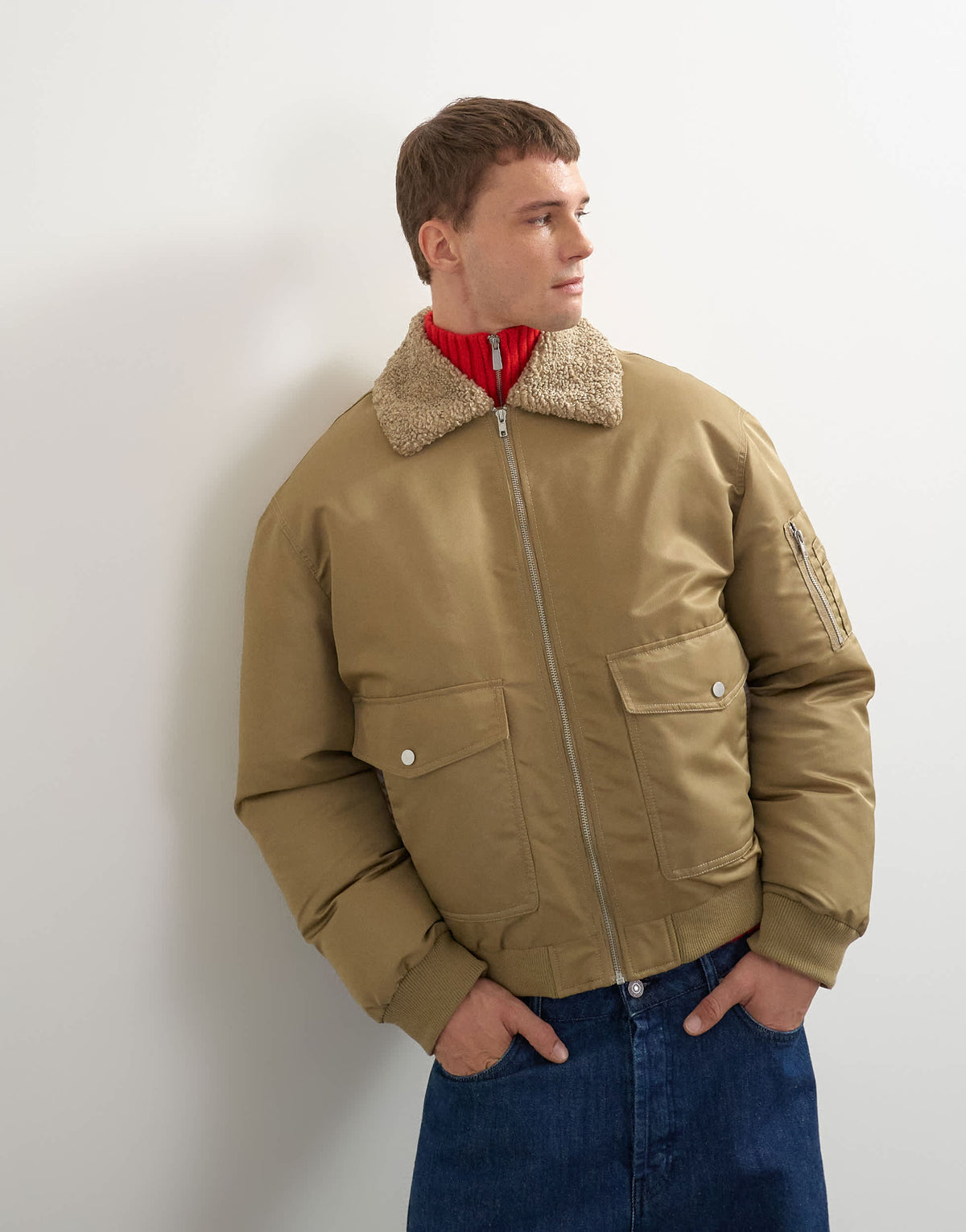 Topman oversized fit nylon bomber with shearling collar in stone