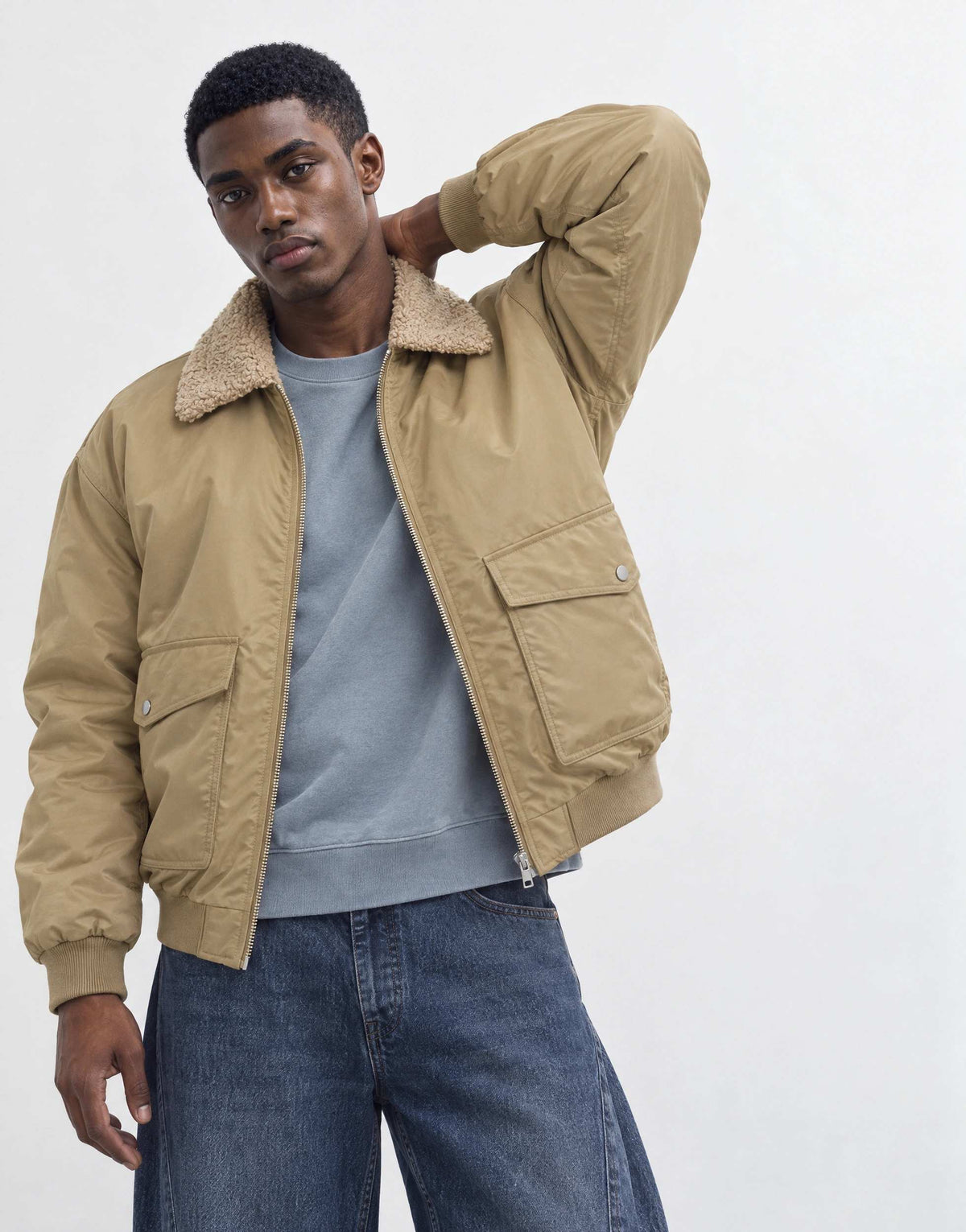 Topman oversized fit nylon bomber with shearling collar in stone