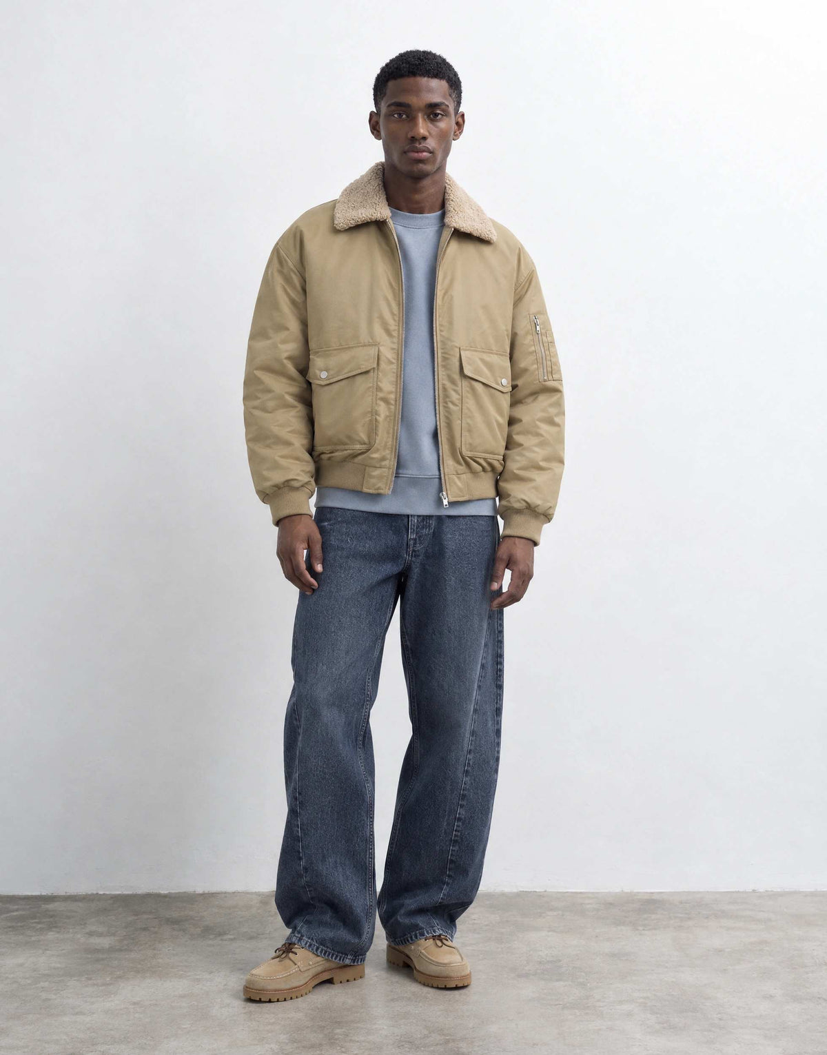 Topman oversized fit nylon bomber with shearling collar in stone